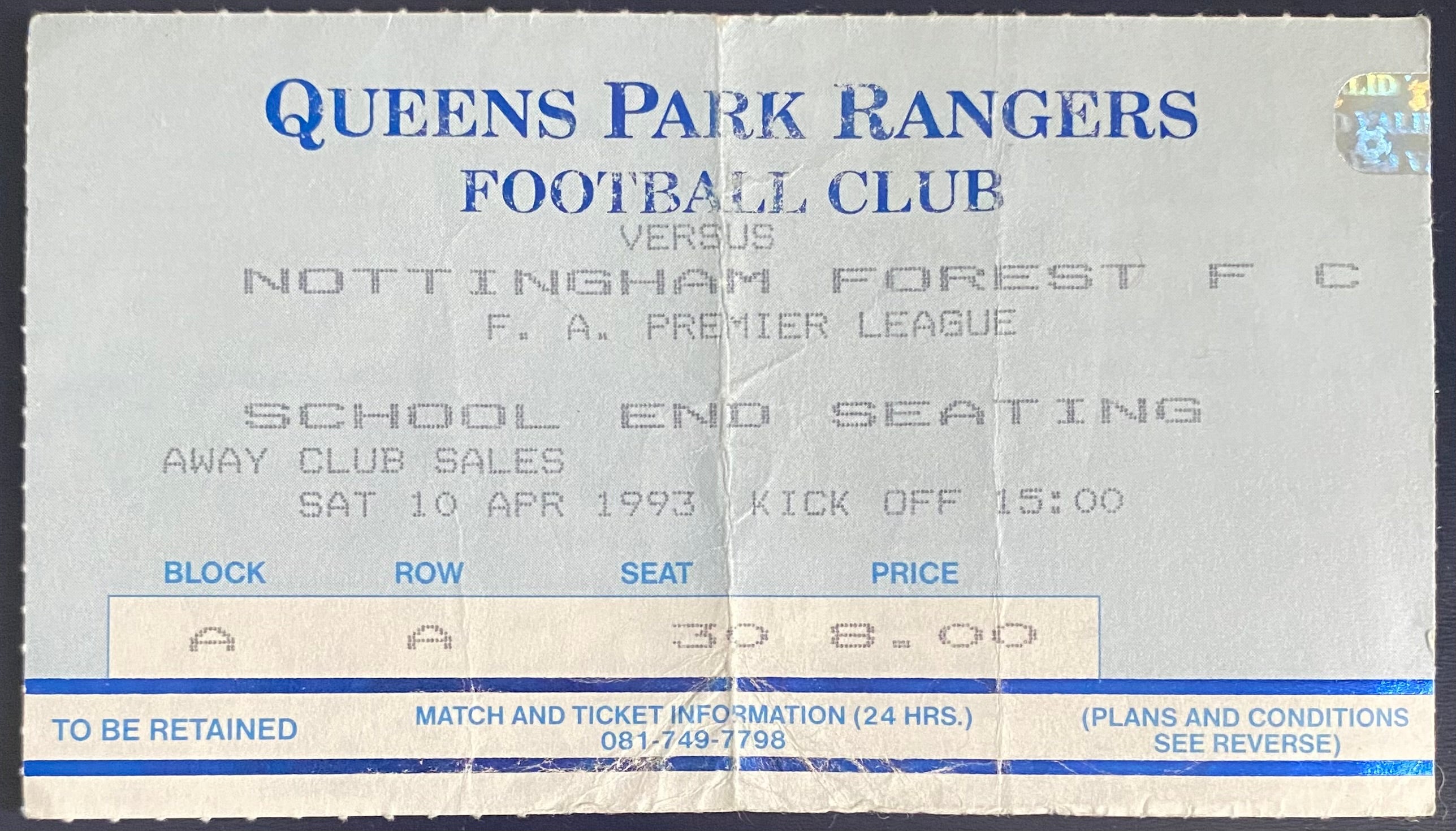 1992/93 ORIGINAL PREMIER LEAGUE TICKET QUEENS PARK RANGERS V NOTTINGHAM FOREST