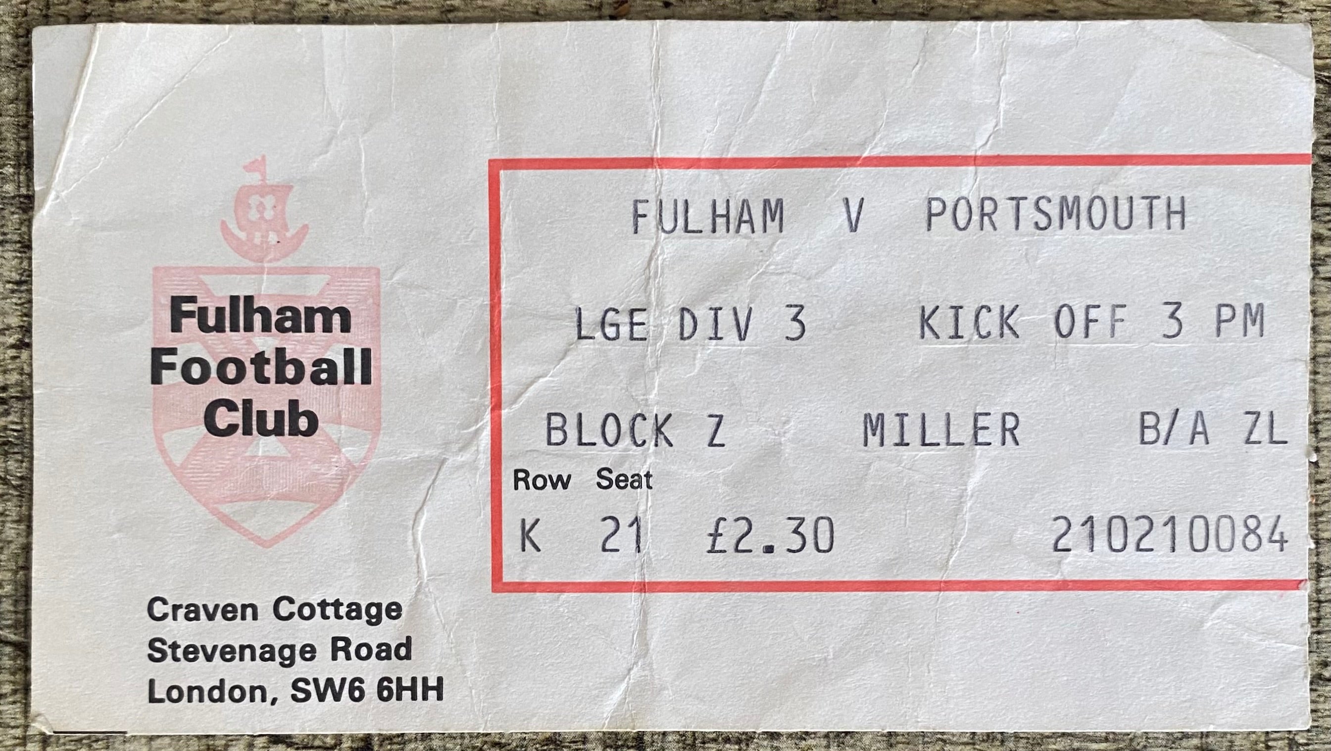 1980/81 ORIGINAL DIVISION 3 TICKET FULHAM V PORTSMOUTH
