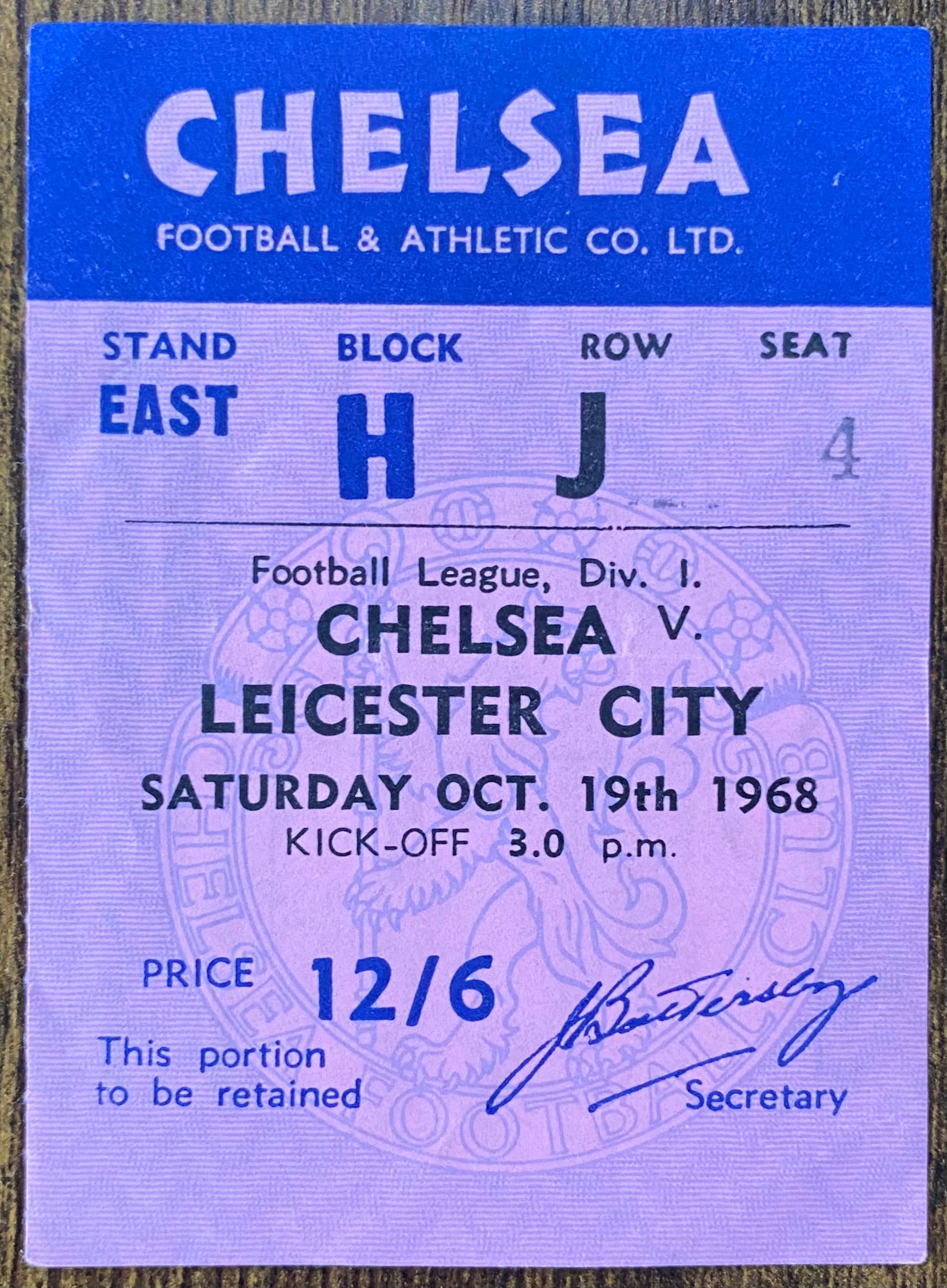 1968/69 ORIGINAL DIVISION 1 TICKET CHELSEA V LEICESTER CITY