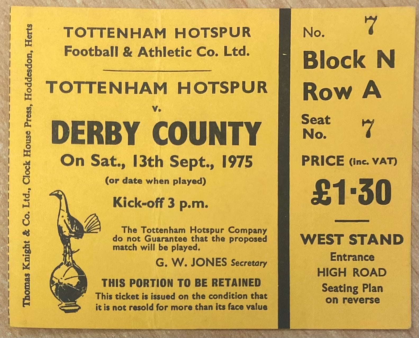 1975/76 ORIGINAL DIVISION ONE TICKET TOTTENHAM HOTSPUR V DERBY COUNTY