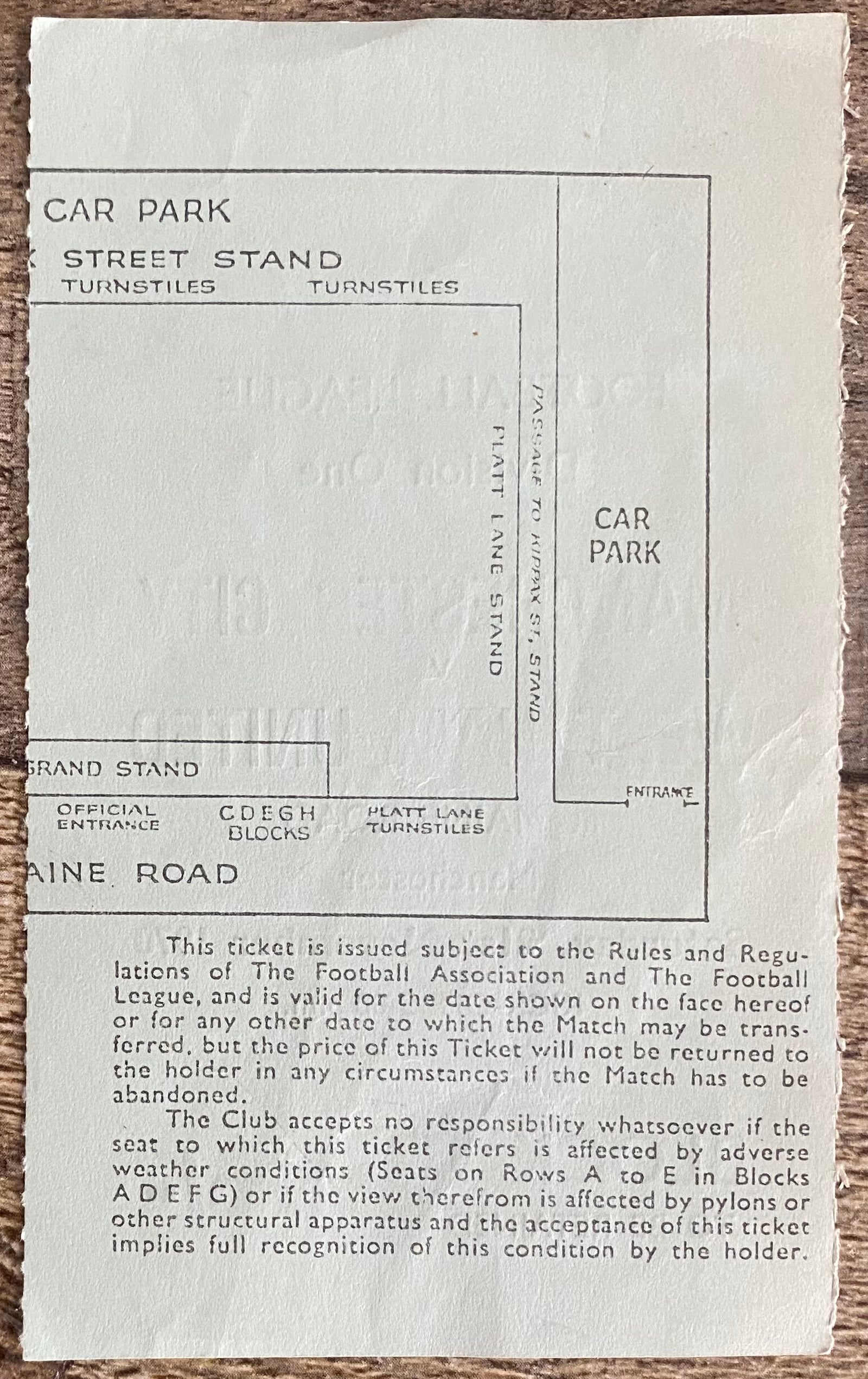 1970/71 ORIGINAL DIVISION 1 TICKET MANCHESTER CITY V WEST HAM UNITED