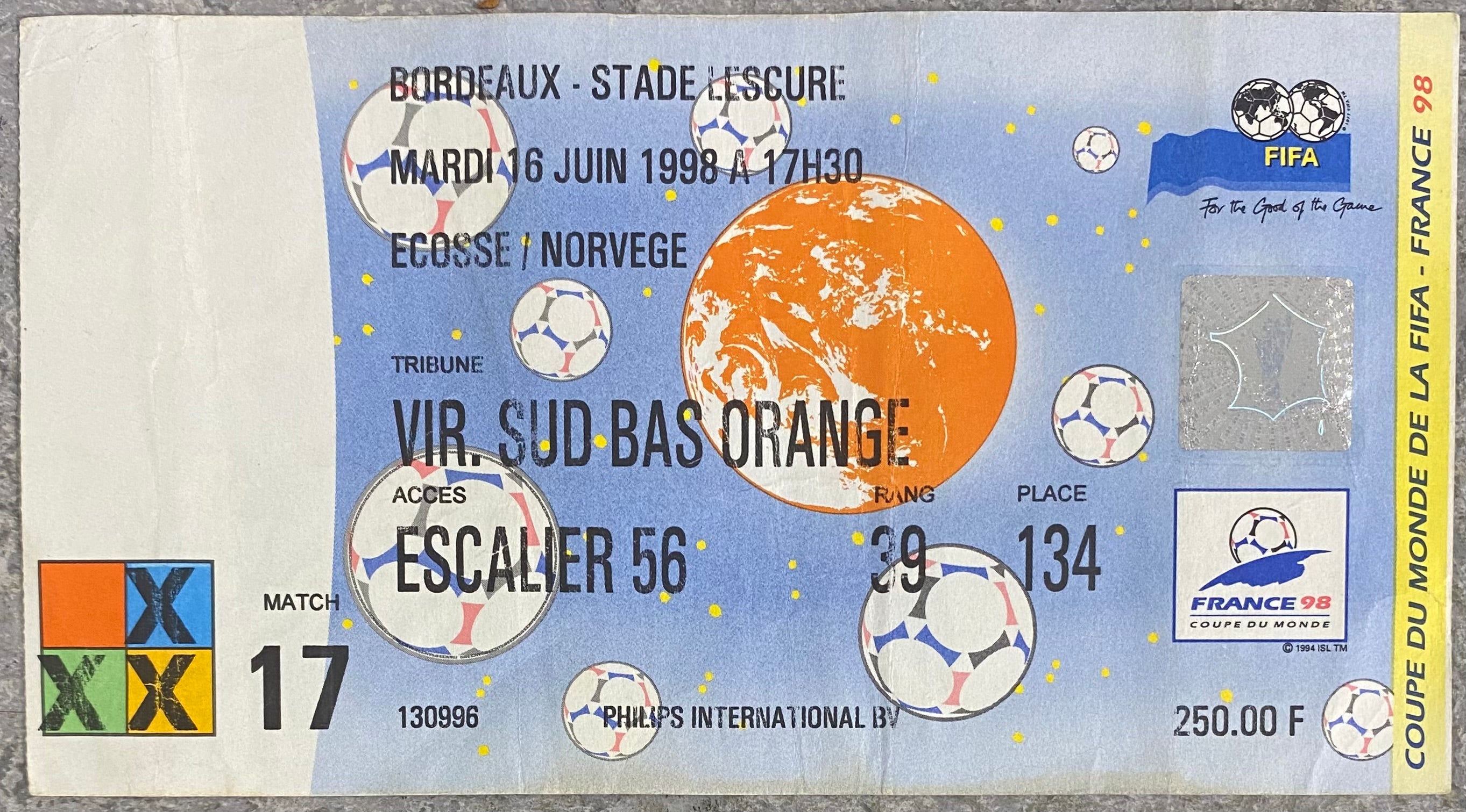 1998 ORIGINAL WORLD CUP 1ST ROUND TICKET SCOTLAND V NORWAY @ BORDEAUX