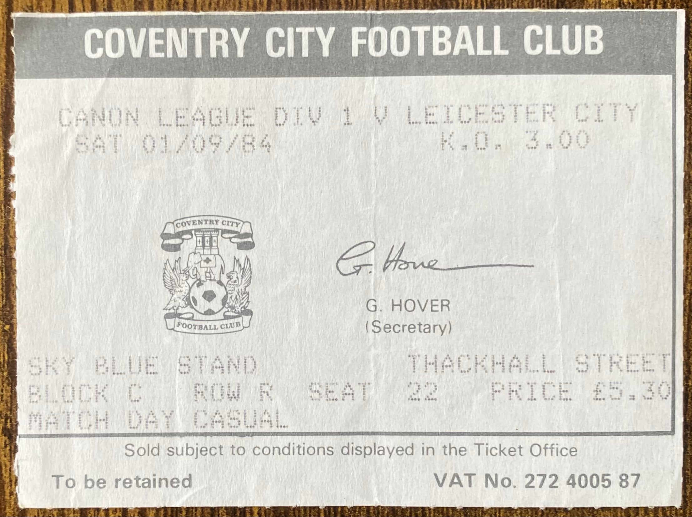 1984/85 ORIGINAL DIVISION 1 TICKET COVENTRY CITY V LEICESTER CITY