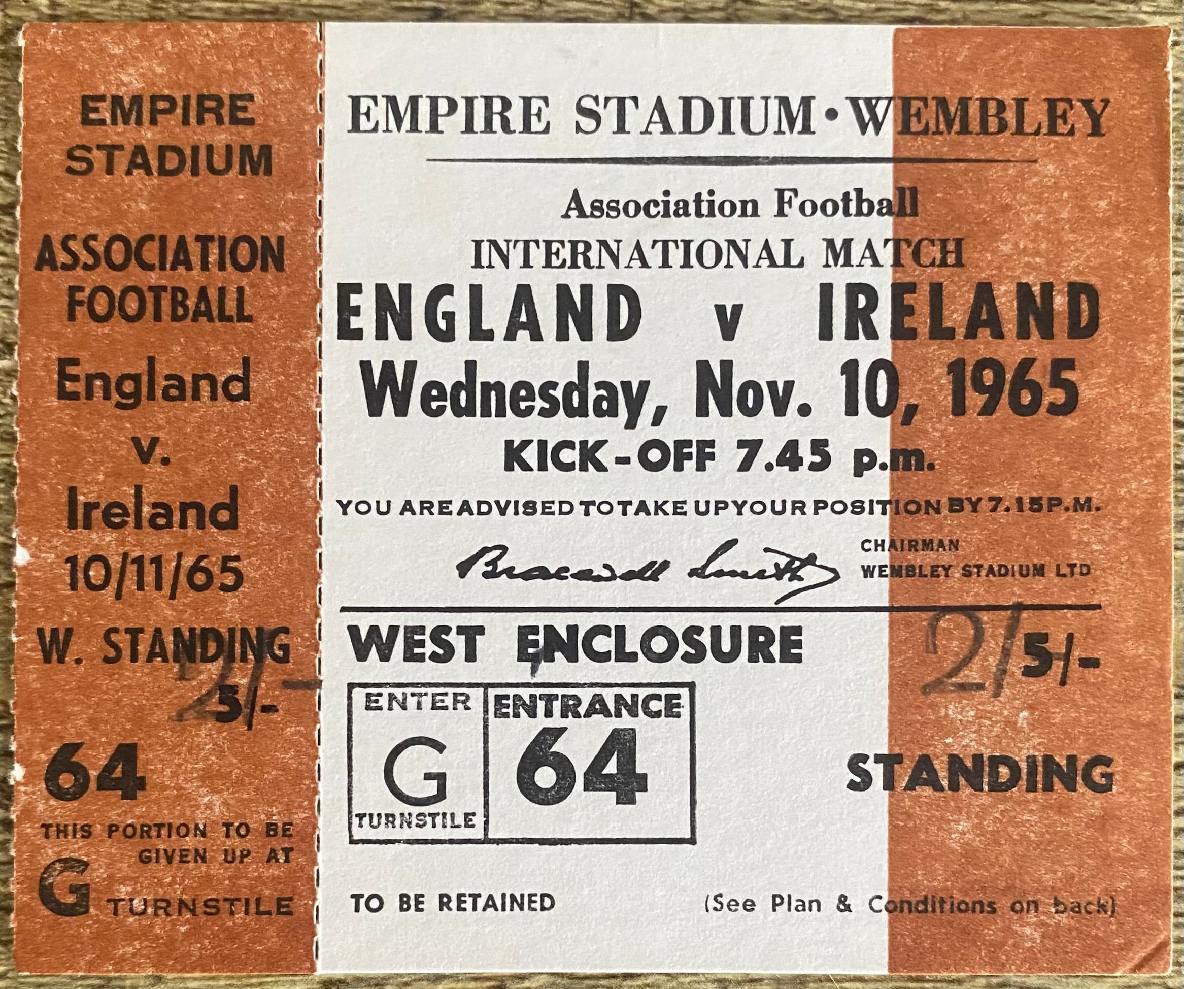 1965 ORIGINAL INTERNATIONAL UNUSED TICKET ENGLAND V IRELAND