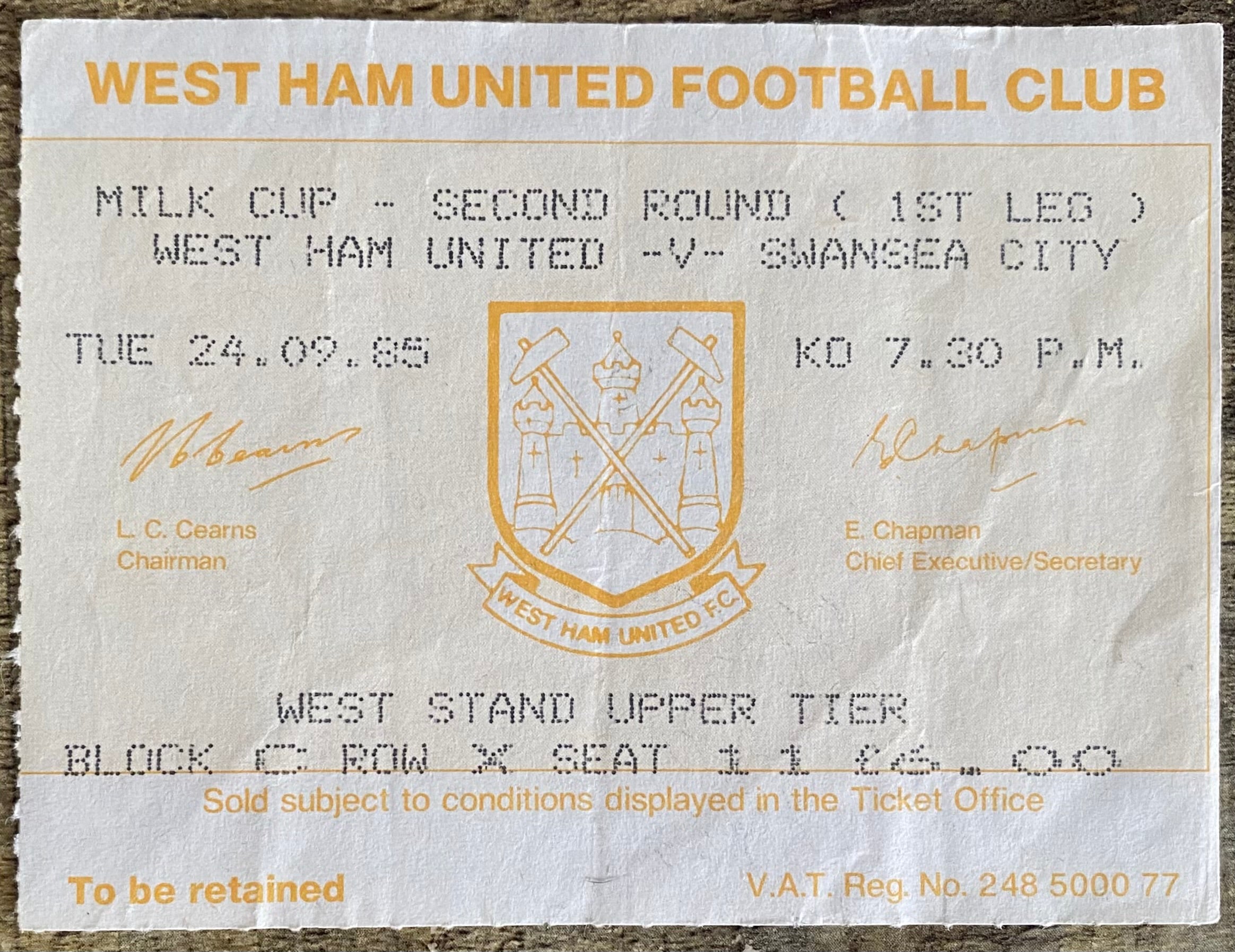 1985/86 ORIGINAL MILK CUP 2ND ROUND 1ST LEG TICKET WEST HAM UNITED V SWANSEA CITY