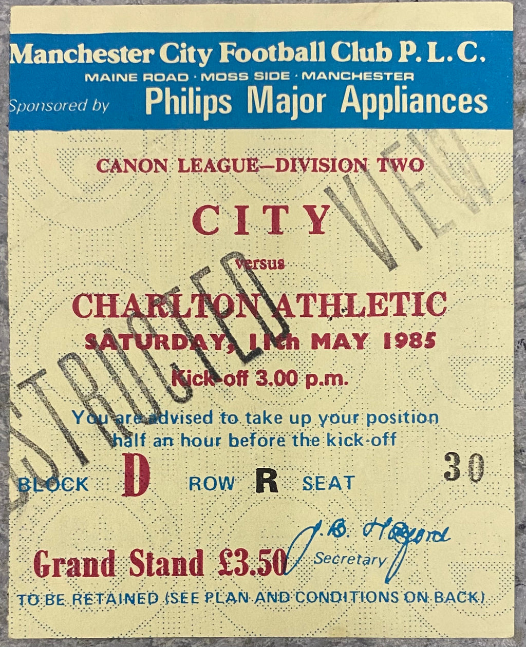 1984/85 ORIGINAL DIVISION 2 TICKET MANCHESTER CITY V CHARLTON ATHLETIC