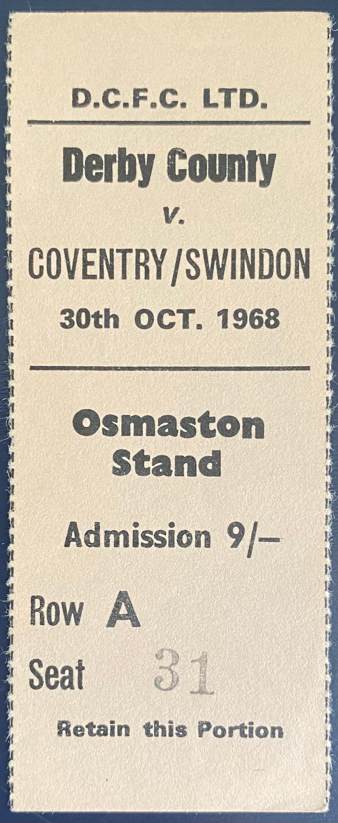 1968/69 ORIGINAL LEAGUE CUP 5TH ROUND TICKET DERBY COUNTY V SWINDON TOWN