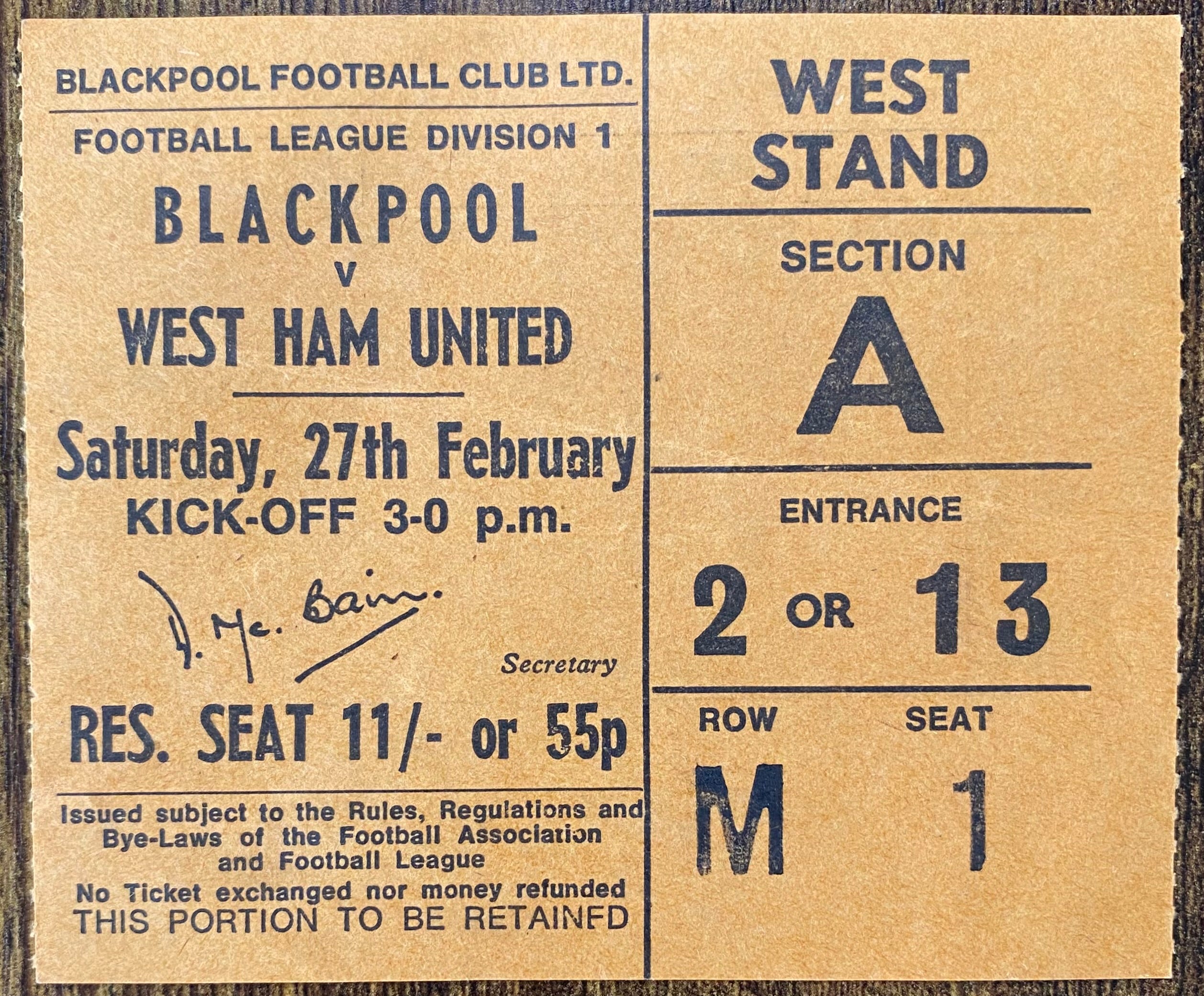 1970/71 ORIGINAL DIVISION 1 TICKET BLACKPOOL V WEST HAM UNITED