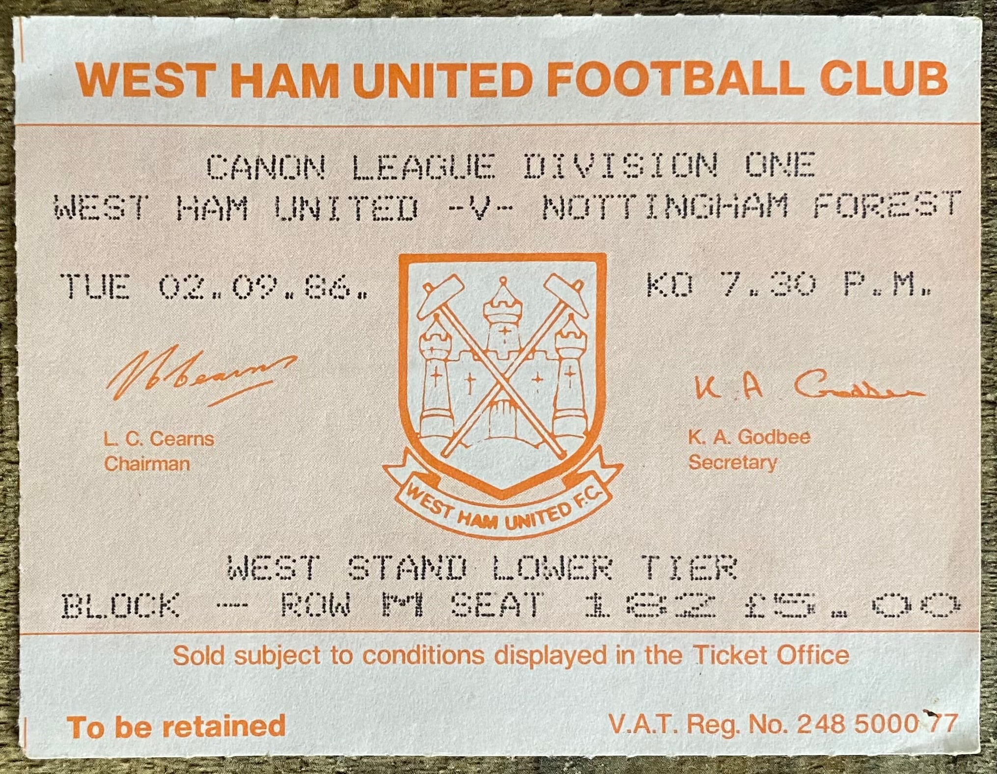 1986/87 ORIGINAL DIVISION ONE TICKET WEST HAM UNITED V NOTTINGHAM FOREST