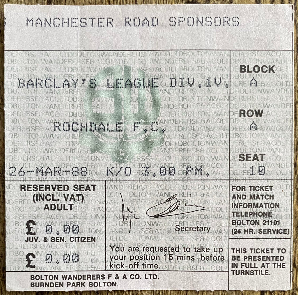 1987/88 ORIGINAL DIVISION 4 TICKET BOLTON WANDERERS V ROCHDALE