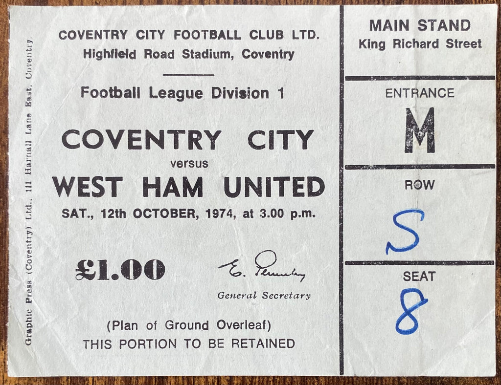 1974/75 ORIGINAL DIVISION 1 TICKET COVENTRY CITY V WEST HAM UNITED