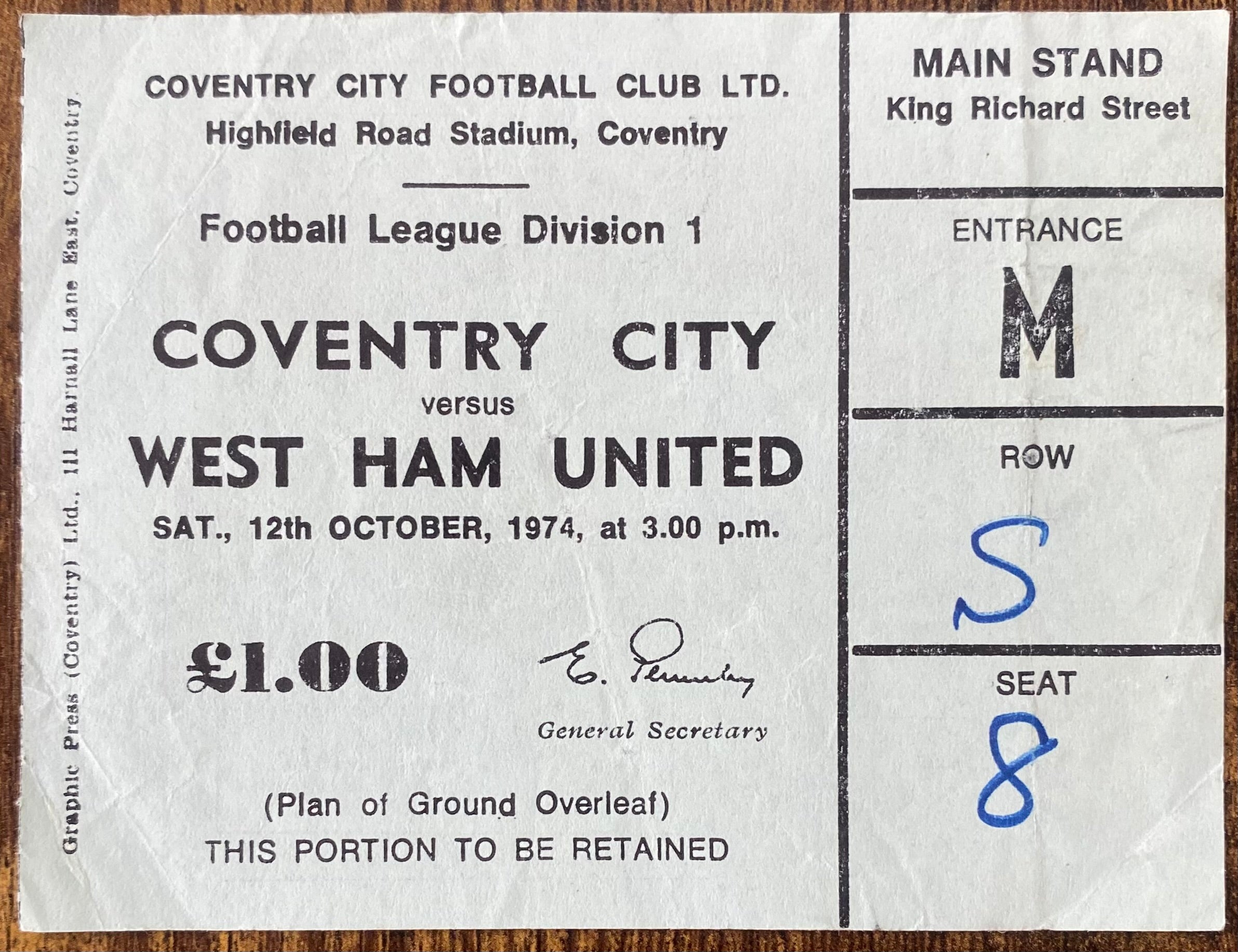 1974/75 ORIGINAL DIVISION 1 TICKET COVENTRY CITY V WEST HAM UNITED