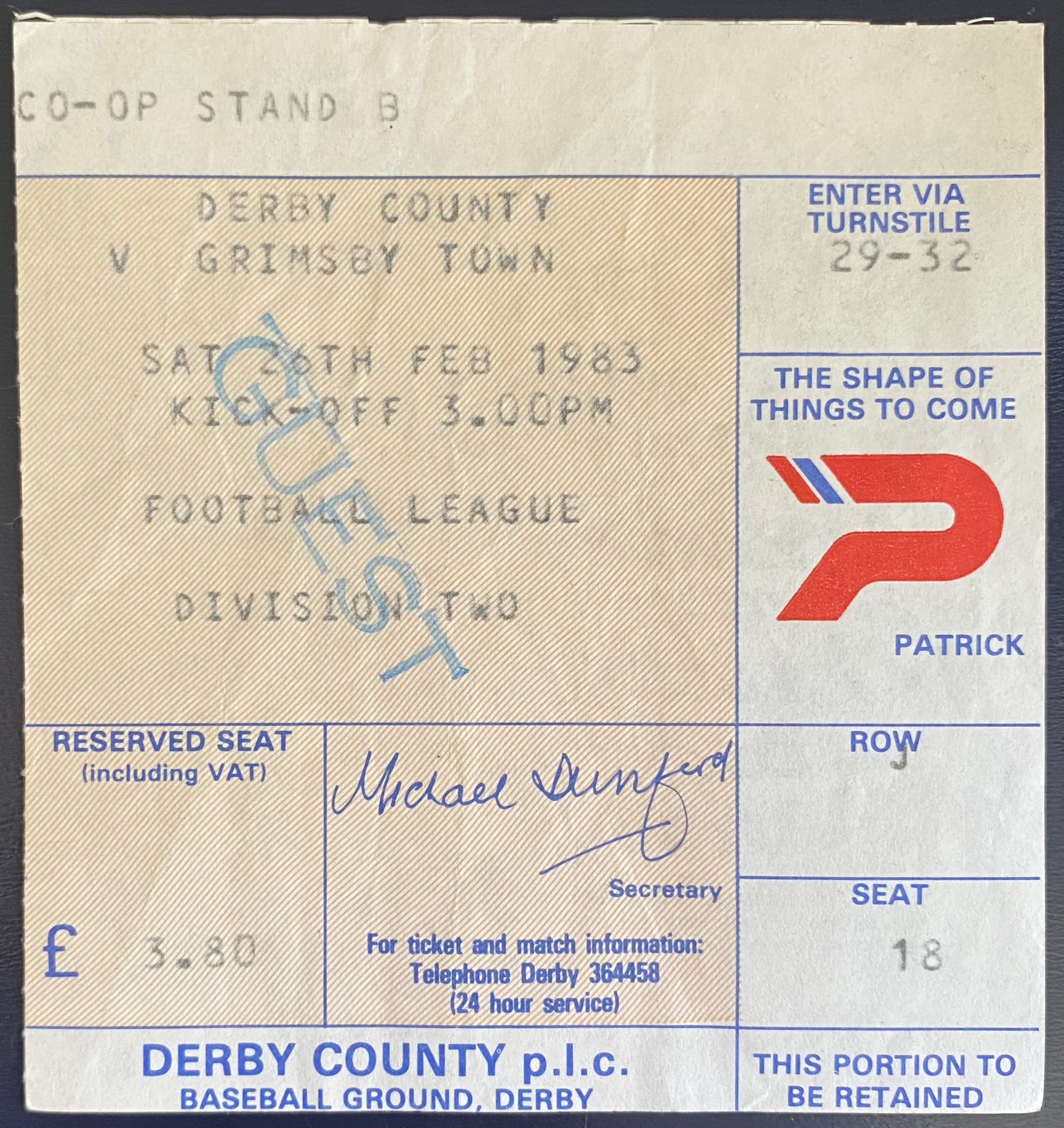 1982/83 ORIGINAL DIVISION 2 TICKET DERBY COUNTY V GRIMSBY TOWN