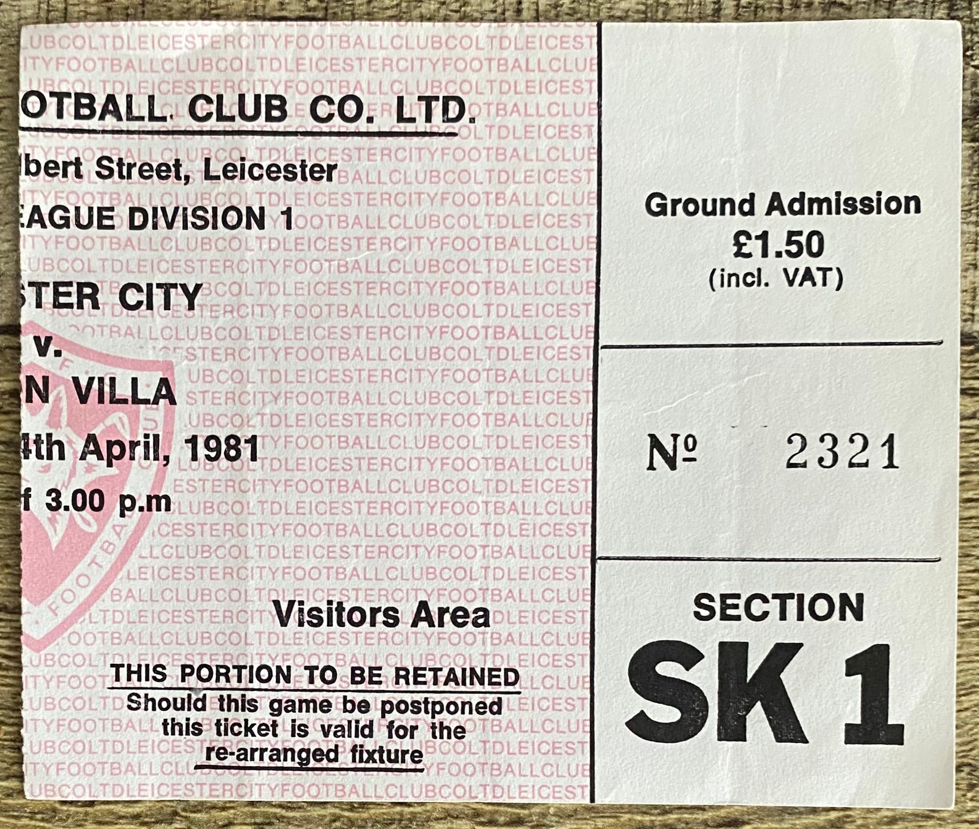 1980/81 ORIGINAL DIVISION 1 TICKET LEICESTER CITY V ASTON VILLA