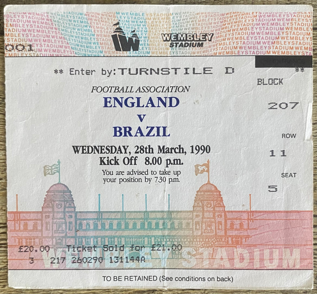 1990 ORIGINAL INTERNATIONAL TICKET ENGLAND V BRAZIL