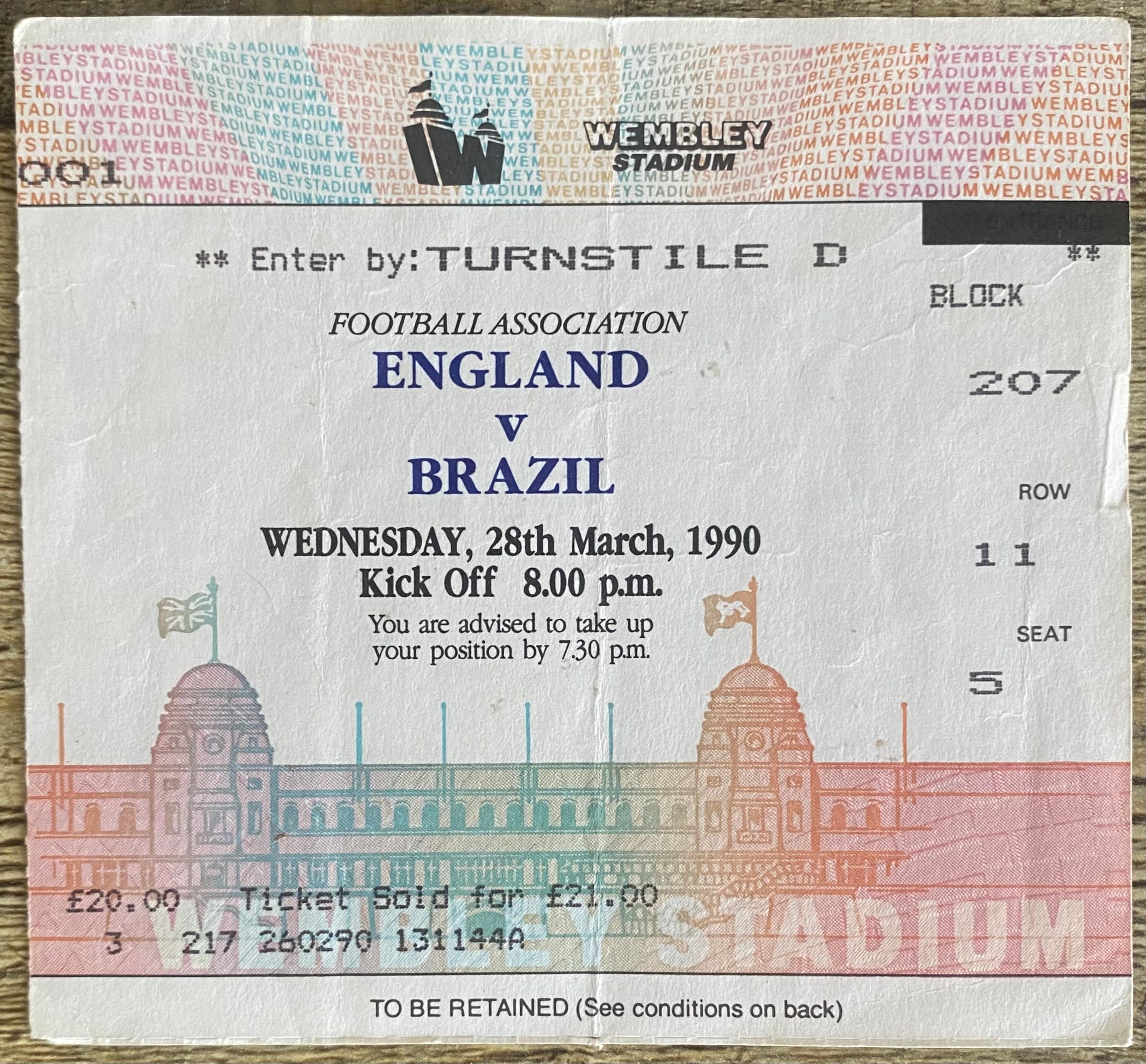 1990 ORIGINAL INTERNATIONAL TICKET ENGLAND V BRAZIL