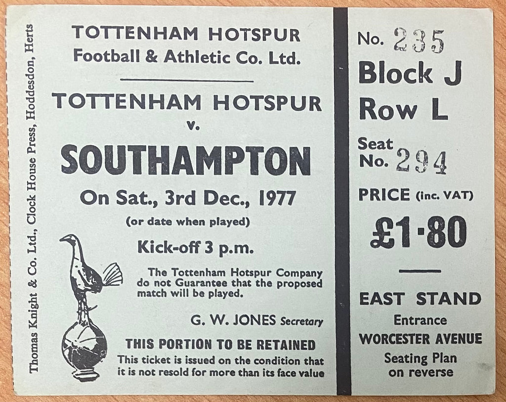1977/78 ORIGINAL DIVISION TWO TICKET TOTTENHAM HOTSPUR V SOUTHAMPTON