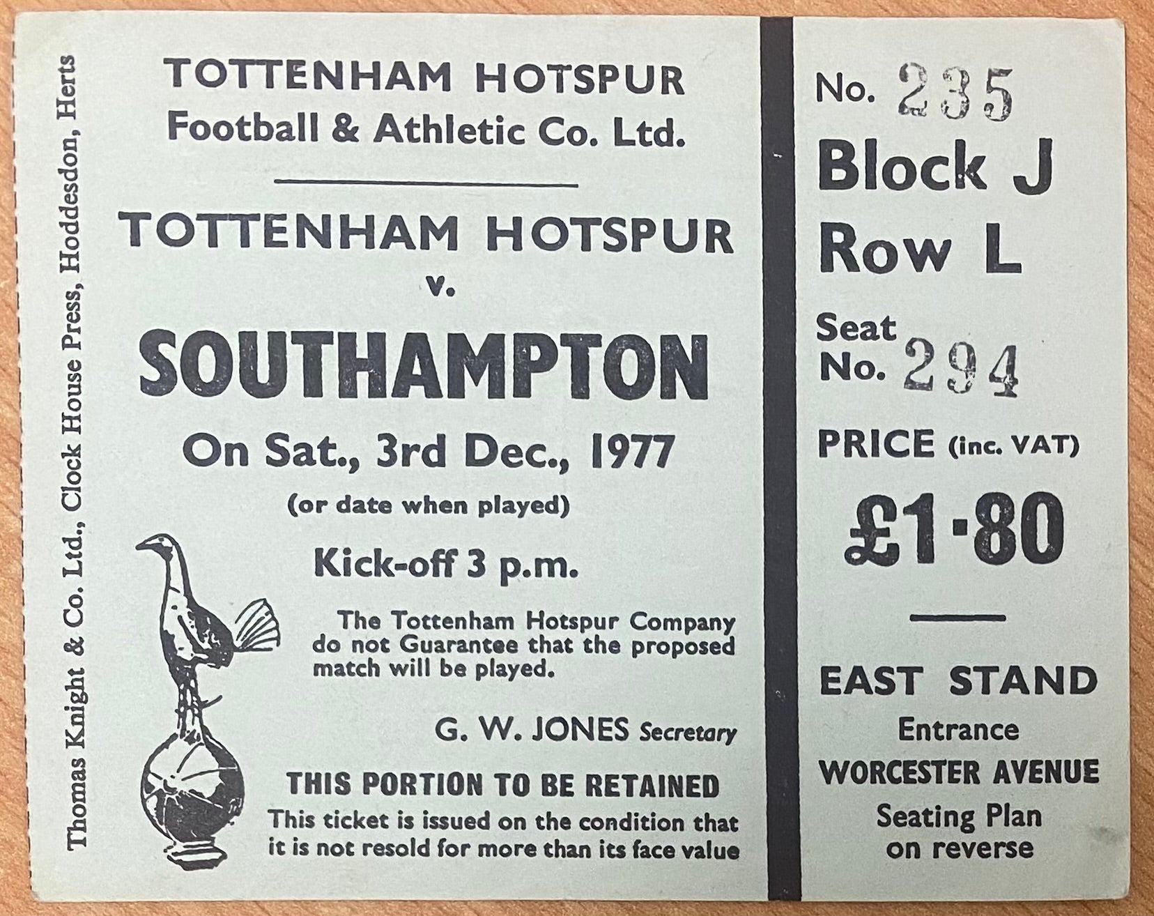 1977/78 ORIGINAL DIVISION TWO TICKET TOTTENHAM HOTSPUR V SOUTHAMPTON