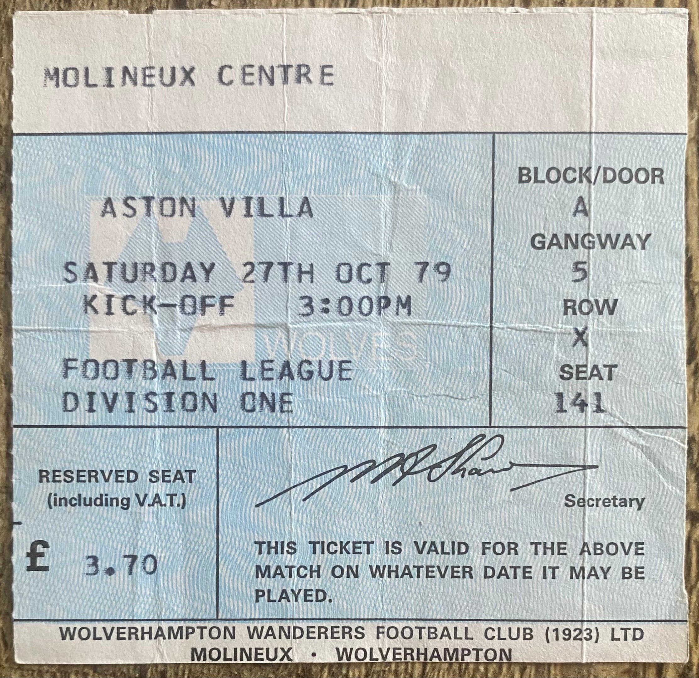 1979/80 ORIGINAL DIVISION ONE TICKET WOLVERHAMPTON WANDERERS V ASTON VILLA
