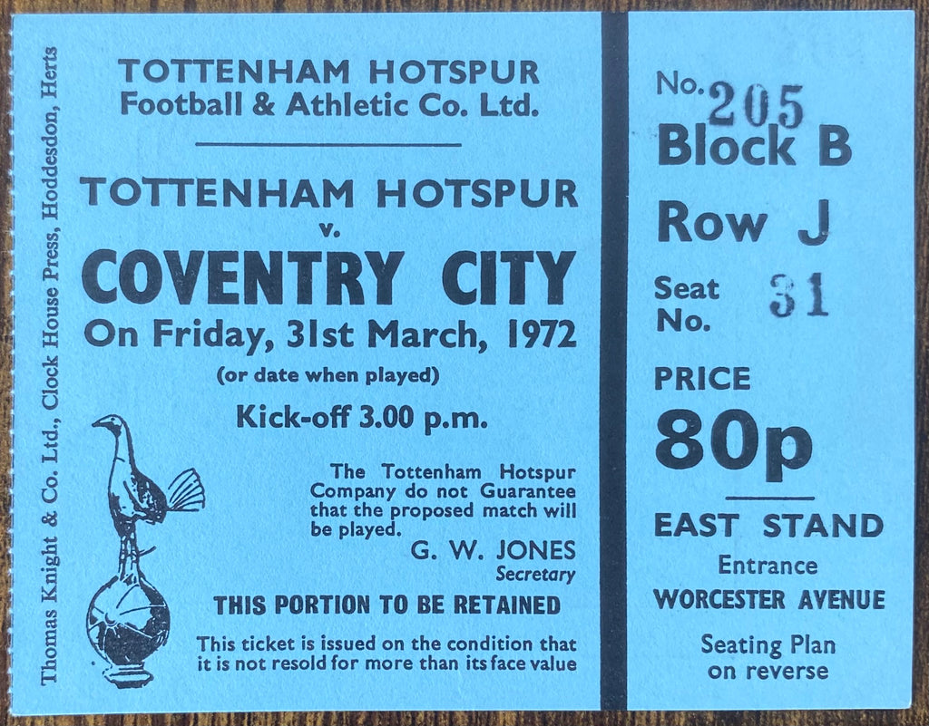 1971/72 ORIGINAL DIVISION ONE TICKET TOTTENHAM HOTSPUR V COVENTRY CITY