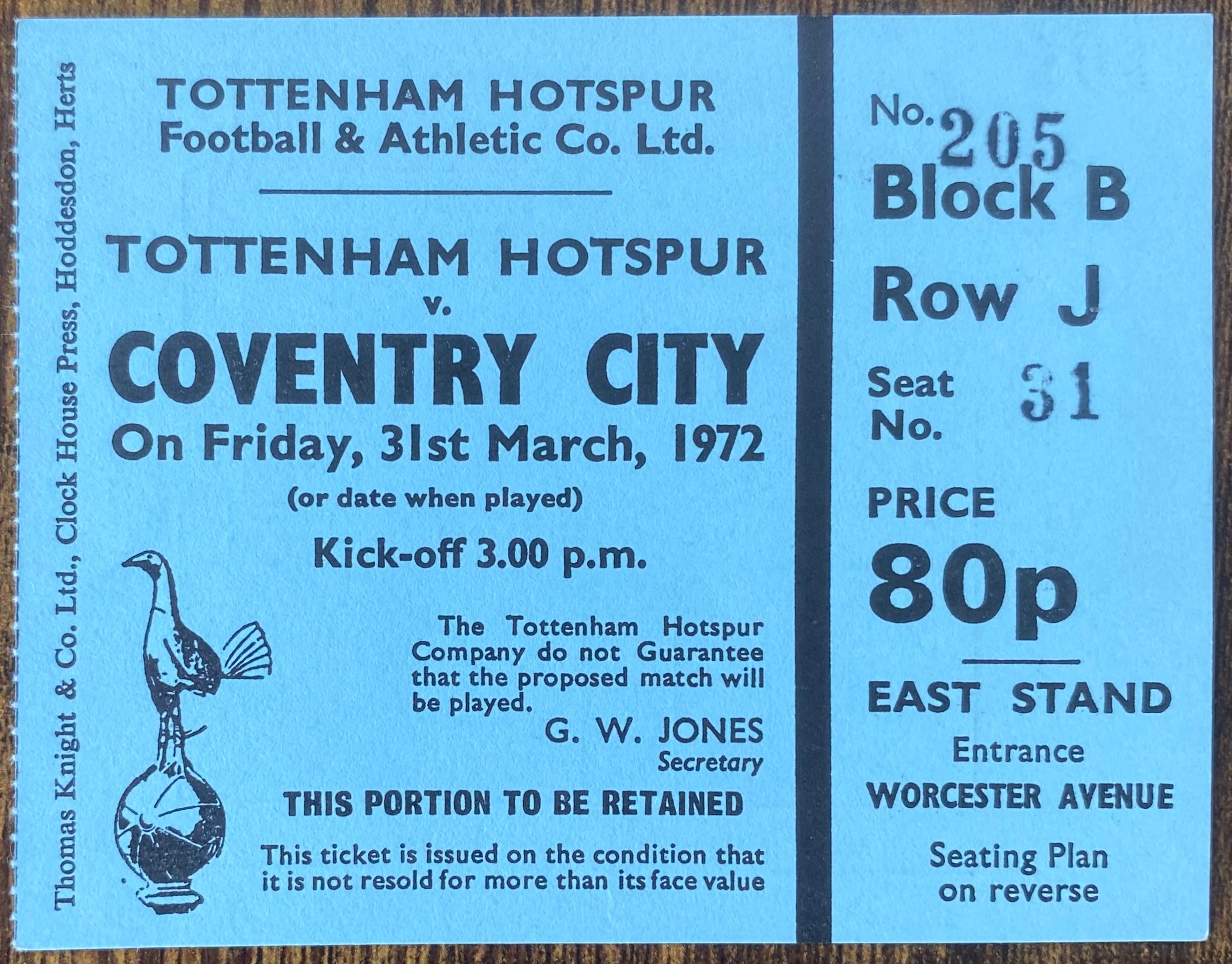 1971/72 ORIGINAL DIVISION ONE TICKET TOTTENHAM HOTSPUR V COVENTRY CITY