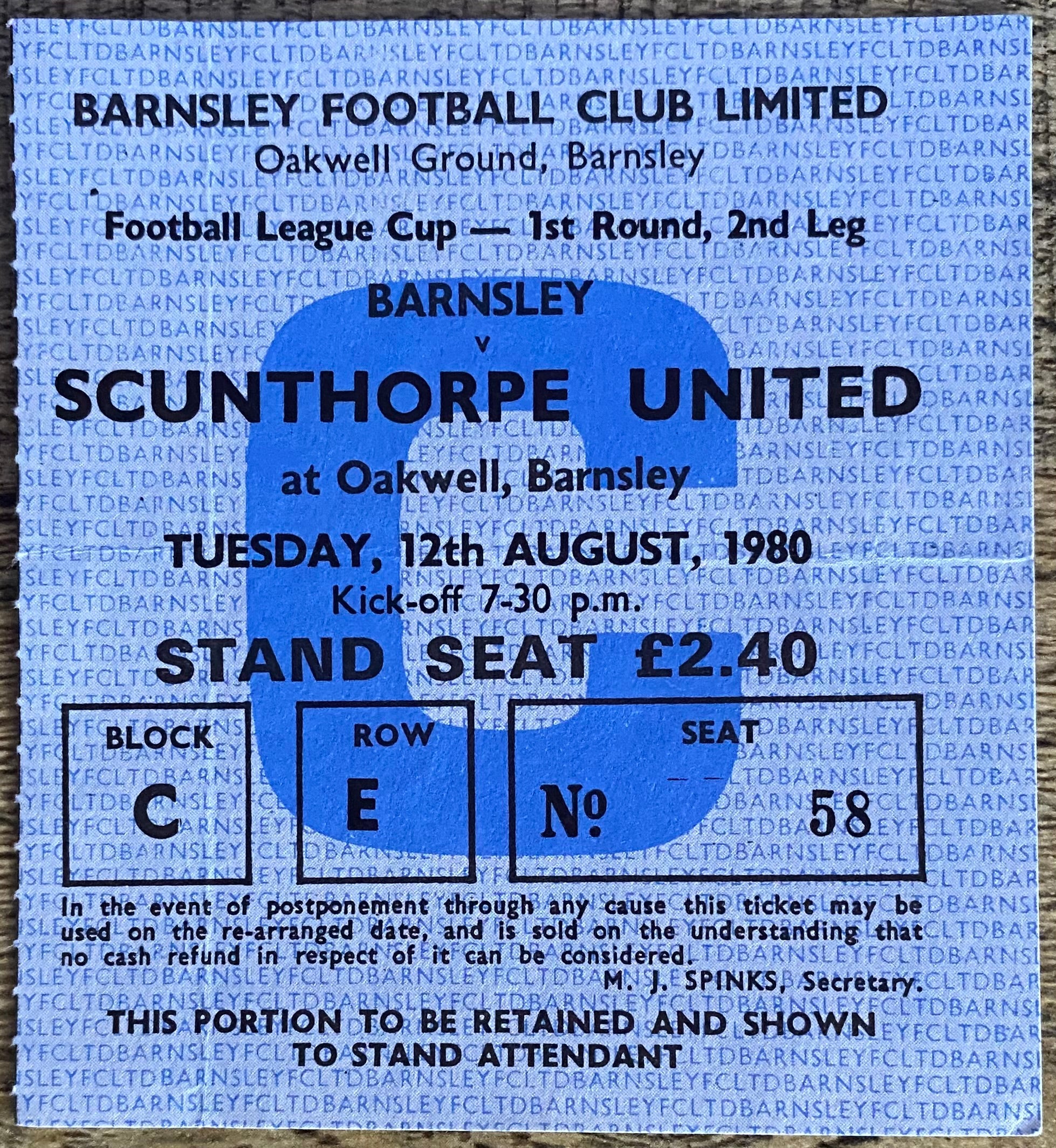 1980/81 ORIGINAL LEAGUE CUP 1ST ROUND 2ND LEG TICKET BARNSLEY V SCUNTHORPE UNITED