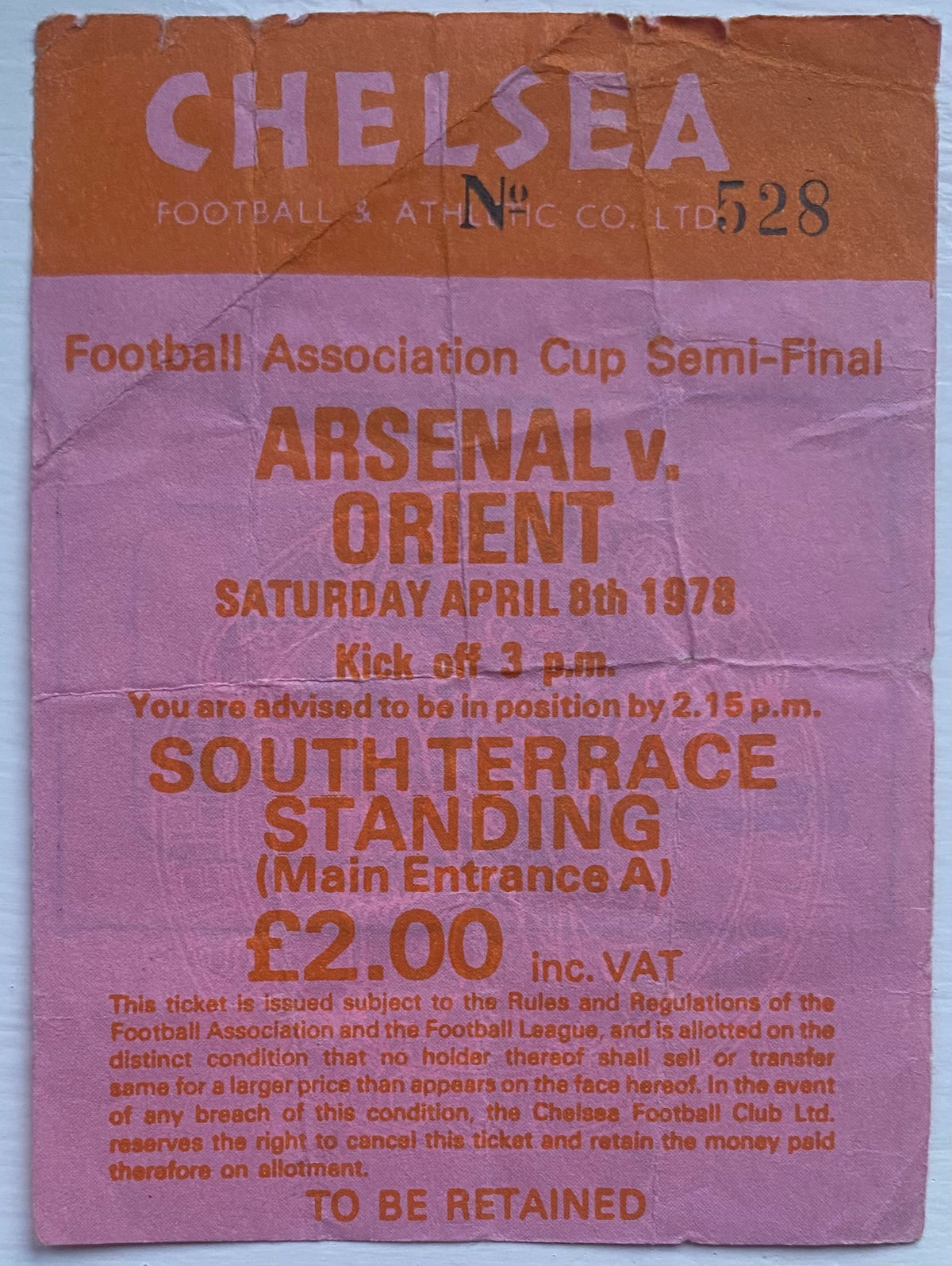 1978 ORIGINAL FA CUP SEMI FINAL TICKET ORIENT V ARSENAL @ STAMFORD BRIDGE