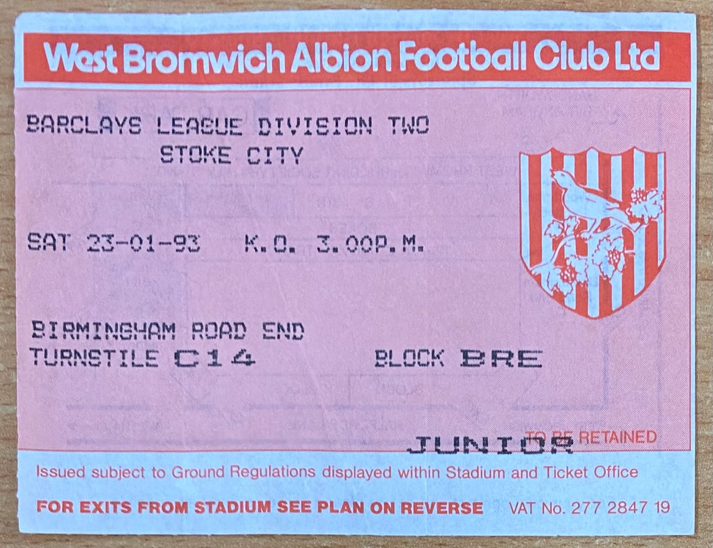 1992/93 ORIGINAL DIVISION 2 TICKET WEST BROMWICH ALBION V STOKE CITY