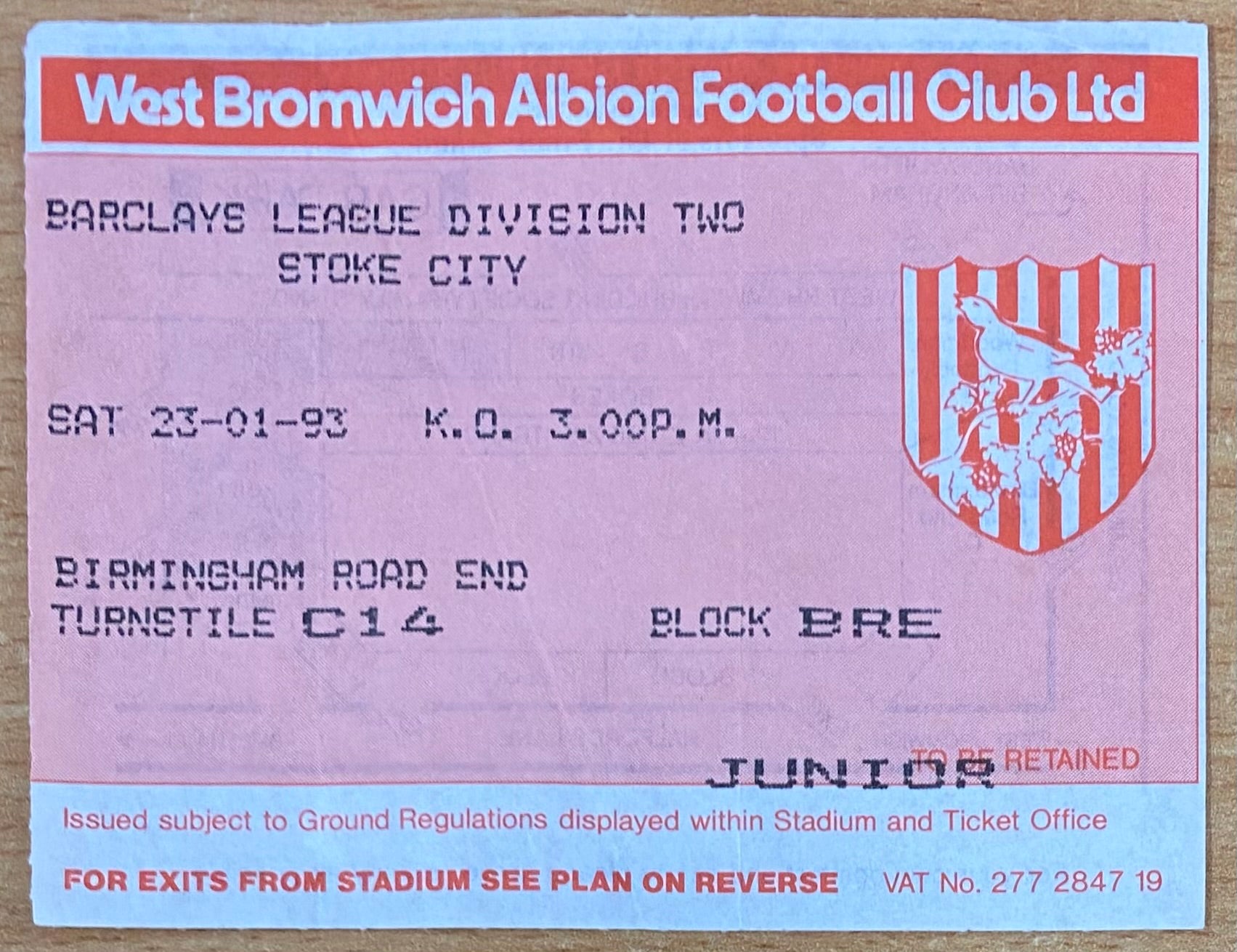 1992/93 ORIGINAL DIVISION 2 TICKET WEST BROMWICH ALBION V STOKE CITY
