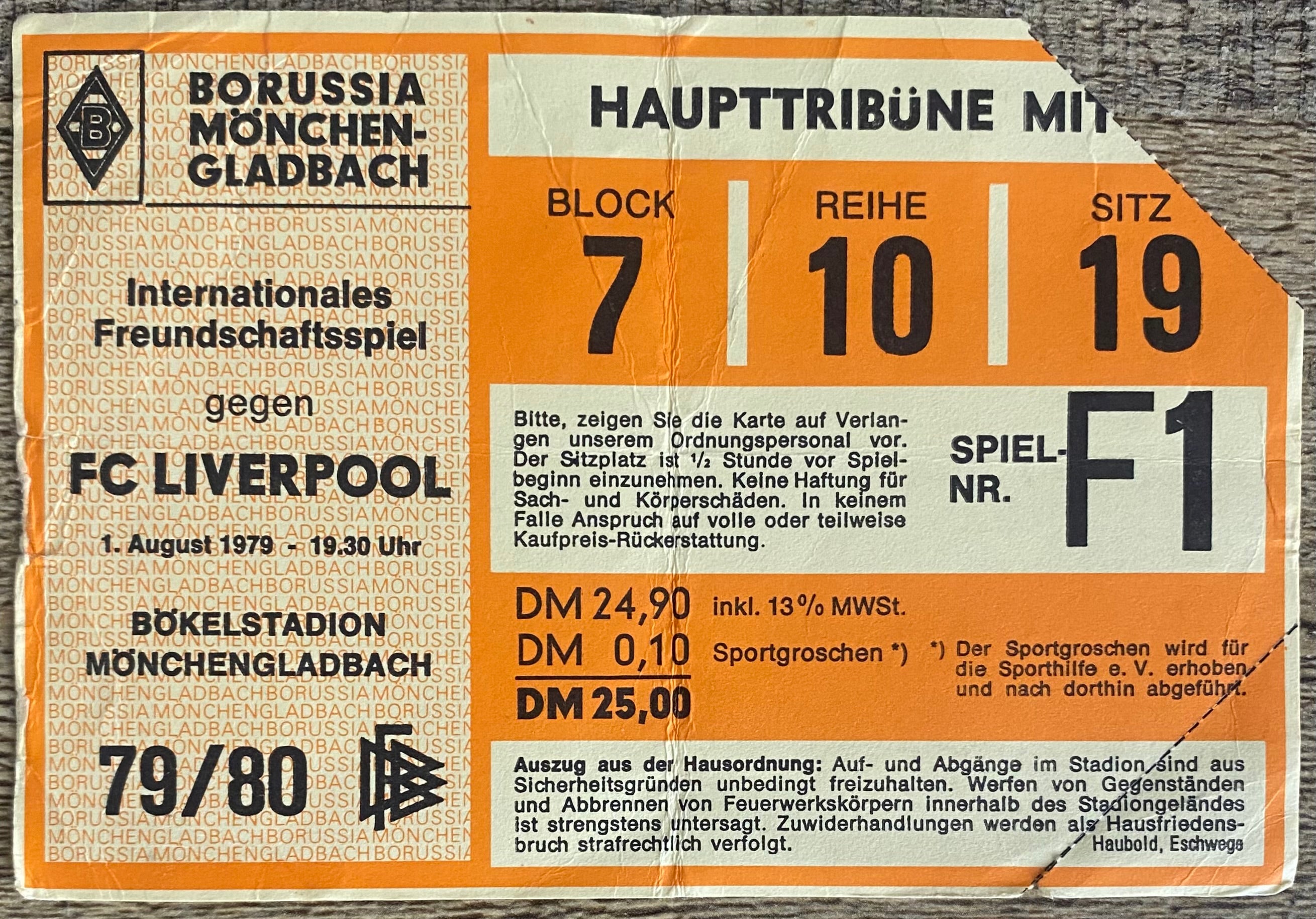 1979 ORIGINAL FREINDLY TICKET BORUSSIA MOENCHENGLADBACH V LIVERPOOL