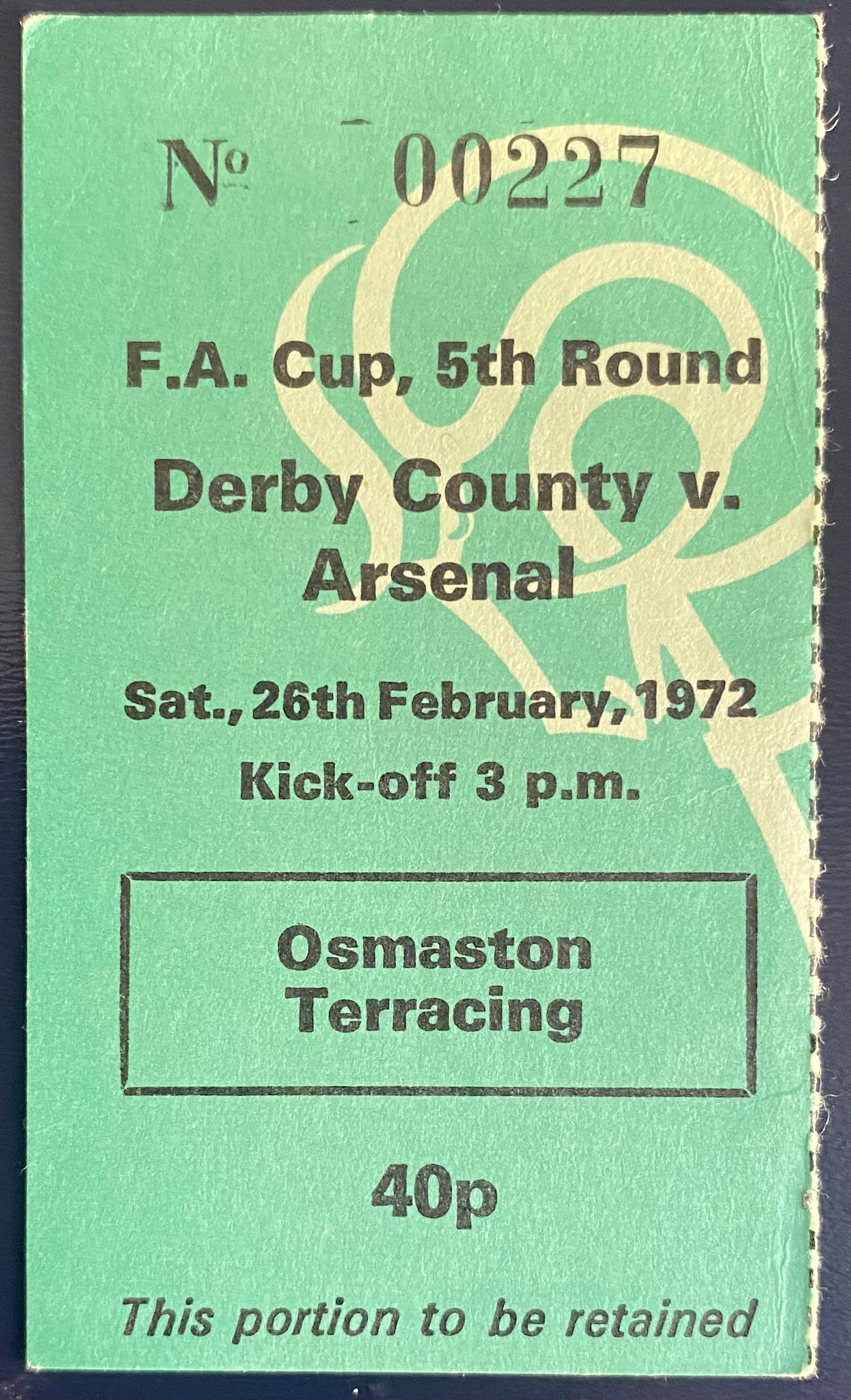 1971/72 ORIGINAL FA CUP 5TH ROUND TICKET DERBY COUNTY V ARSENAL