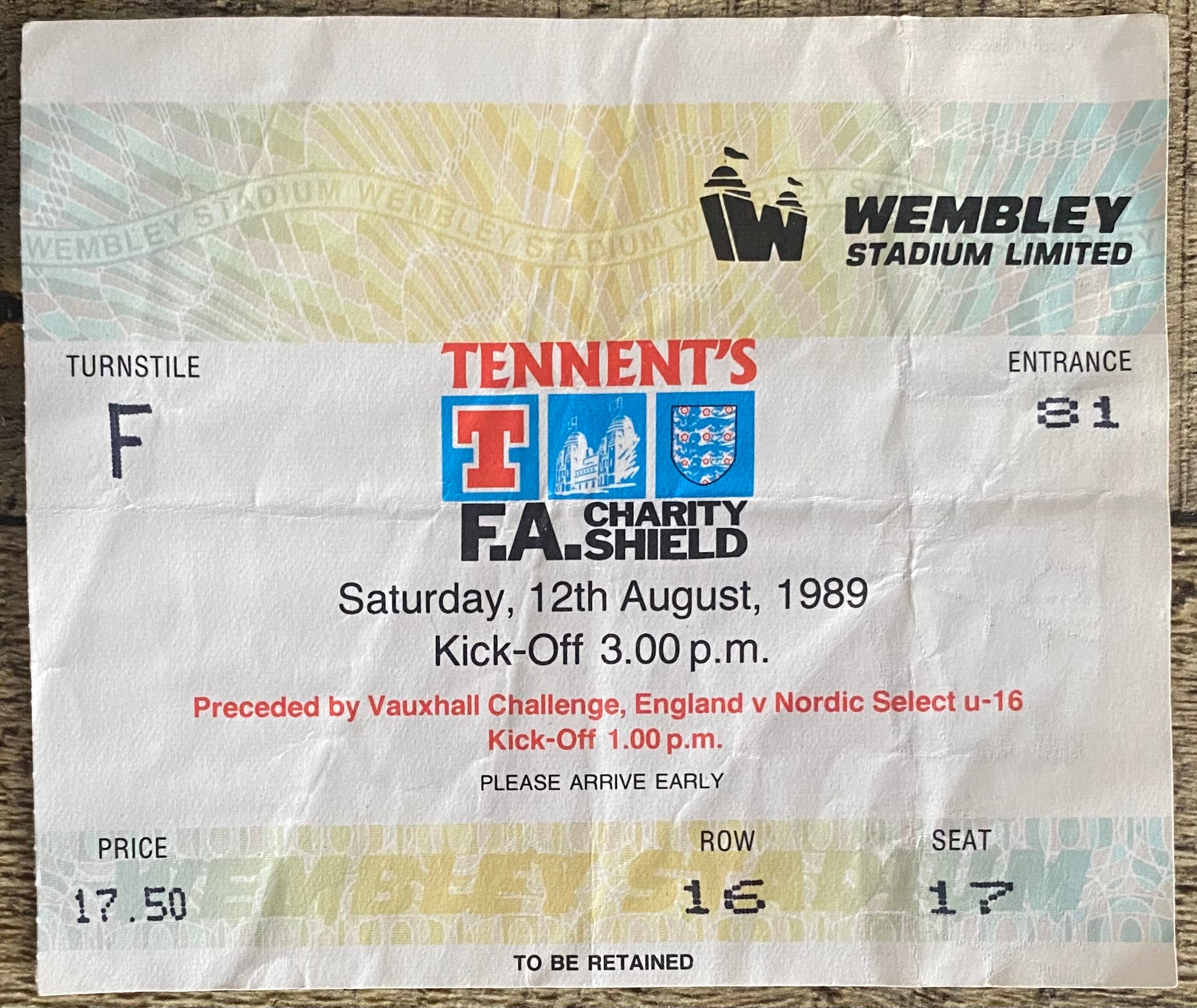 1989 ORIGINAL CHARITY SHIELD TICKET ARSENAL V LIVERPOOL