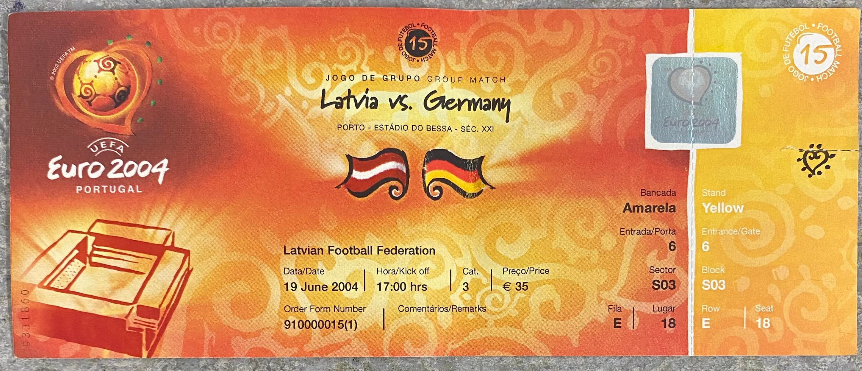 2004 ORIGINAL EUROPEAN CHAMPIONSHIPS UNUSED TICKET LATVIA V GERMANY @ PORTO