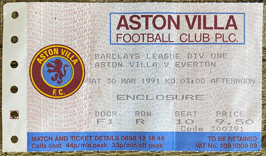 1990/91 ORIGINAL DIVISION 1 TICKET ASTON VILLA V EVERTON