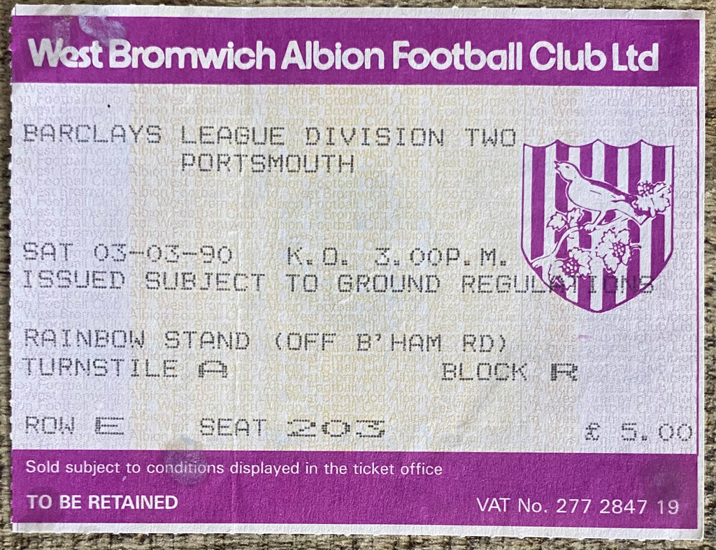 1989/90 ORIGINAL DIVISION 2 TICKET WEST BROMWICH ALBION V PORTSMOUTH