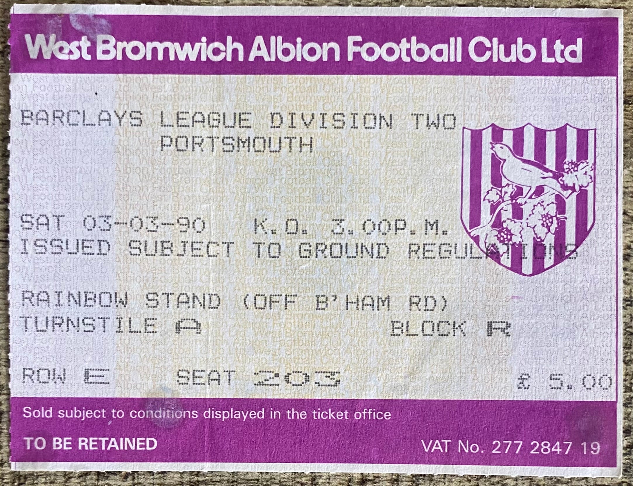 1989/90 ORIGINAL DIVISION 2 TICKET WEST BROMWICH ALBION V PORTSMOUTH
