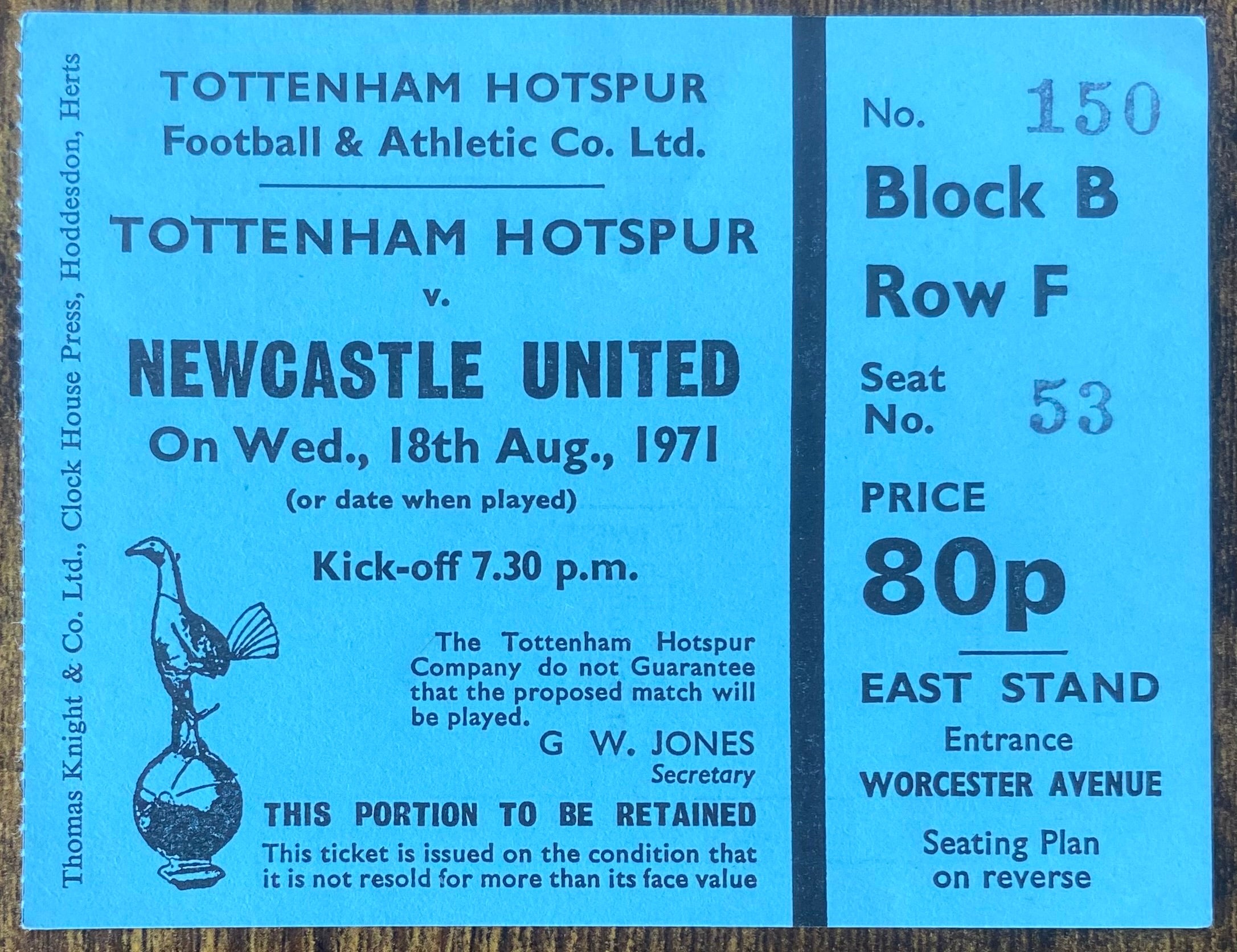 1971/72 ORIGINAL DIVISION ONE TICKET TOTTENHAM HOTSPUR V NEWCASTLE UNITED