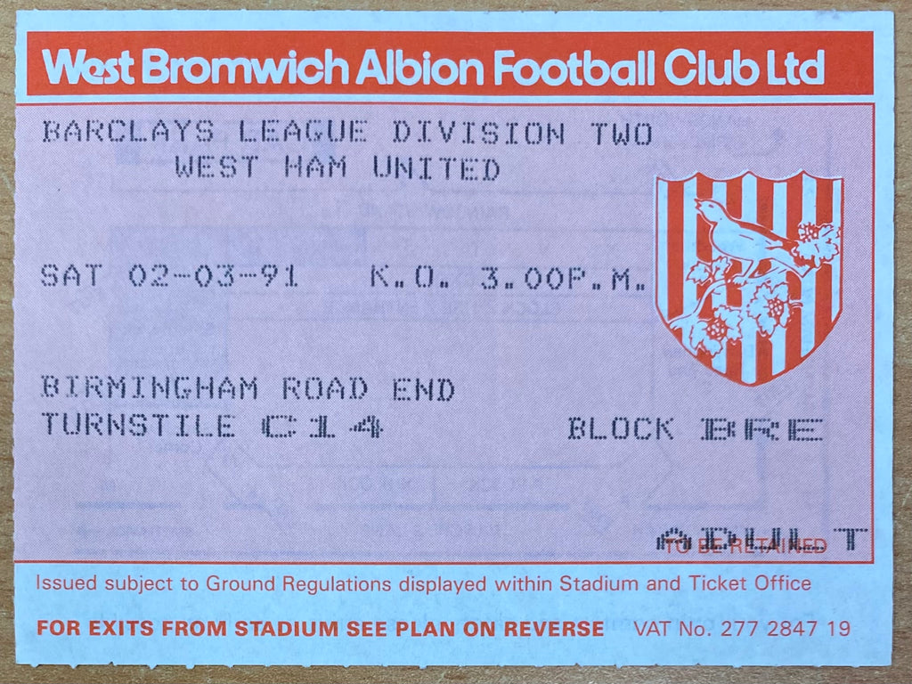 1990/91 ORIGINAL DIVISION 2 TICKET WEST BROMWICH ALBION V WEST HAM UNITED