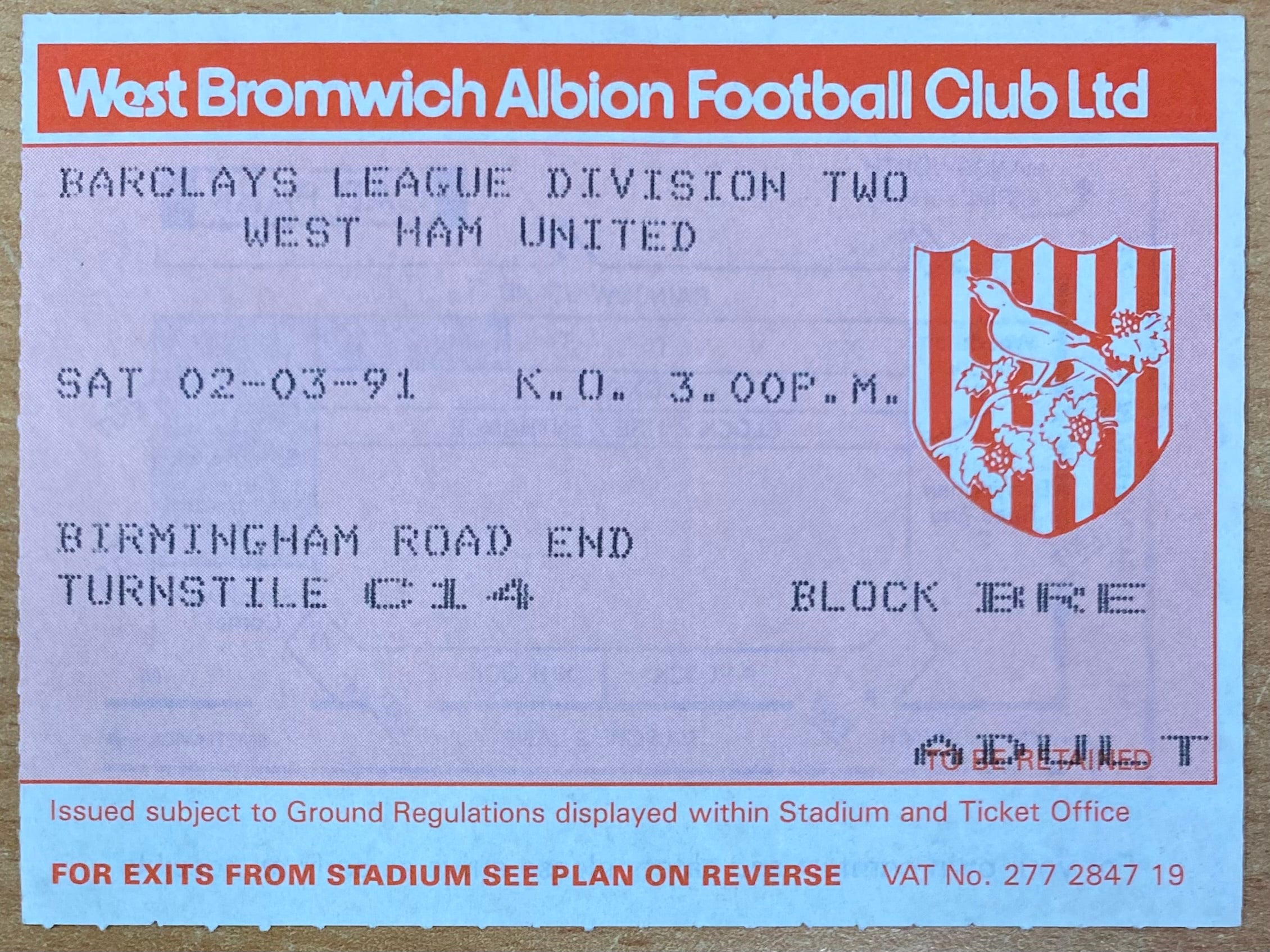 1990/91 ORIGINAL DIVISION 2 TICKET WEST BROMWICH ALBION V WEST HAM UNITED