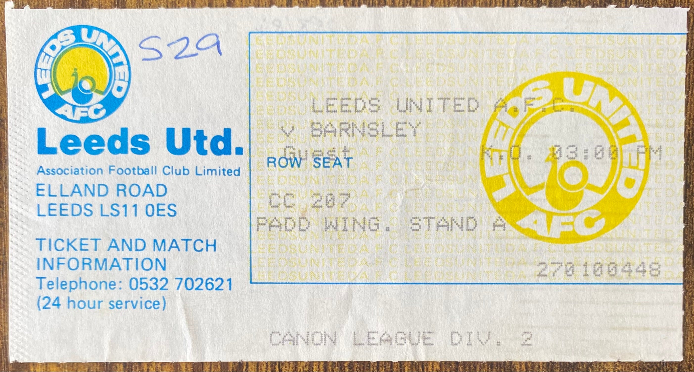 1983/84 ORIGINAL DIVISION TWO TICKET LEEDS UNITED V BARNSLEY