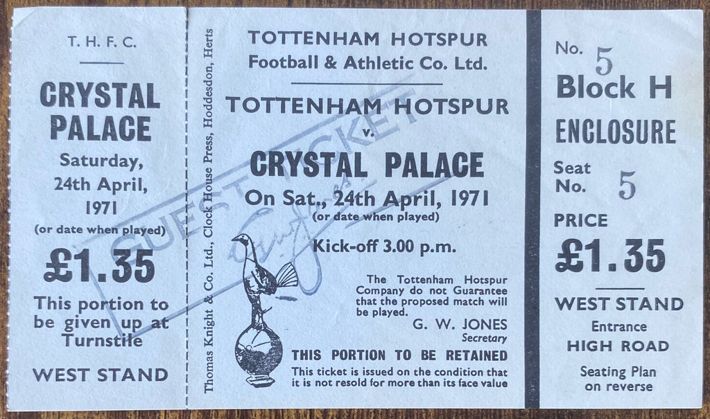 1970/71 ORIGINAL DIVISION ONE UNUSED TICKET TOTTENHAM HOTSPUR V CRYSTAL PALACE
