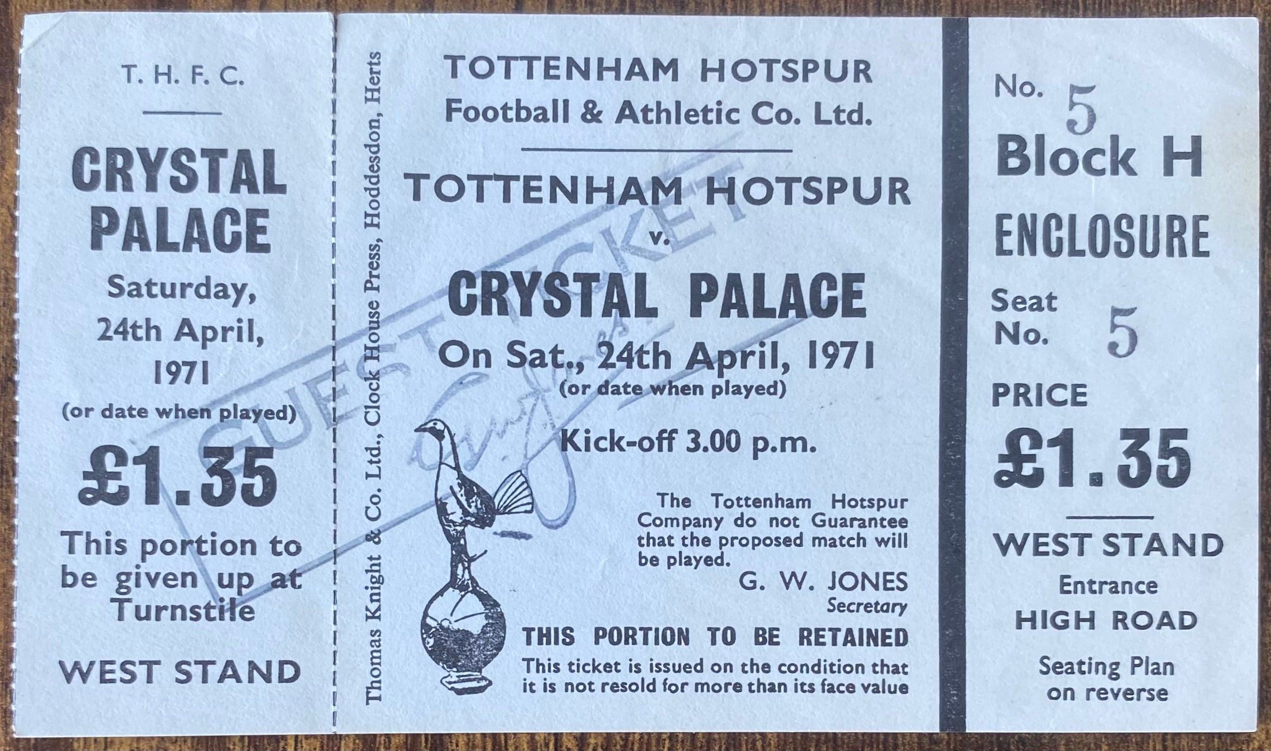 1970/71 ORIGINAL DIVISION ONE UNUSED TICKET TOTTENHAM HOTSPUR V CRYSTAL PALACE