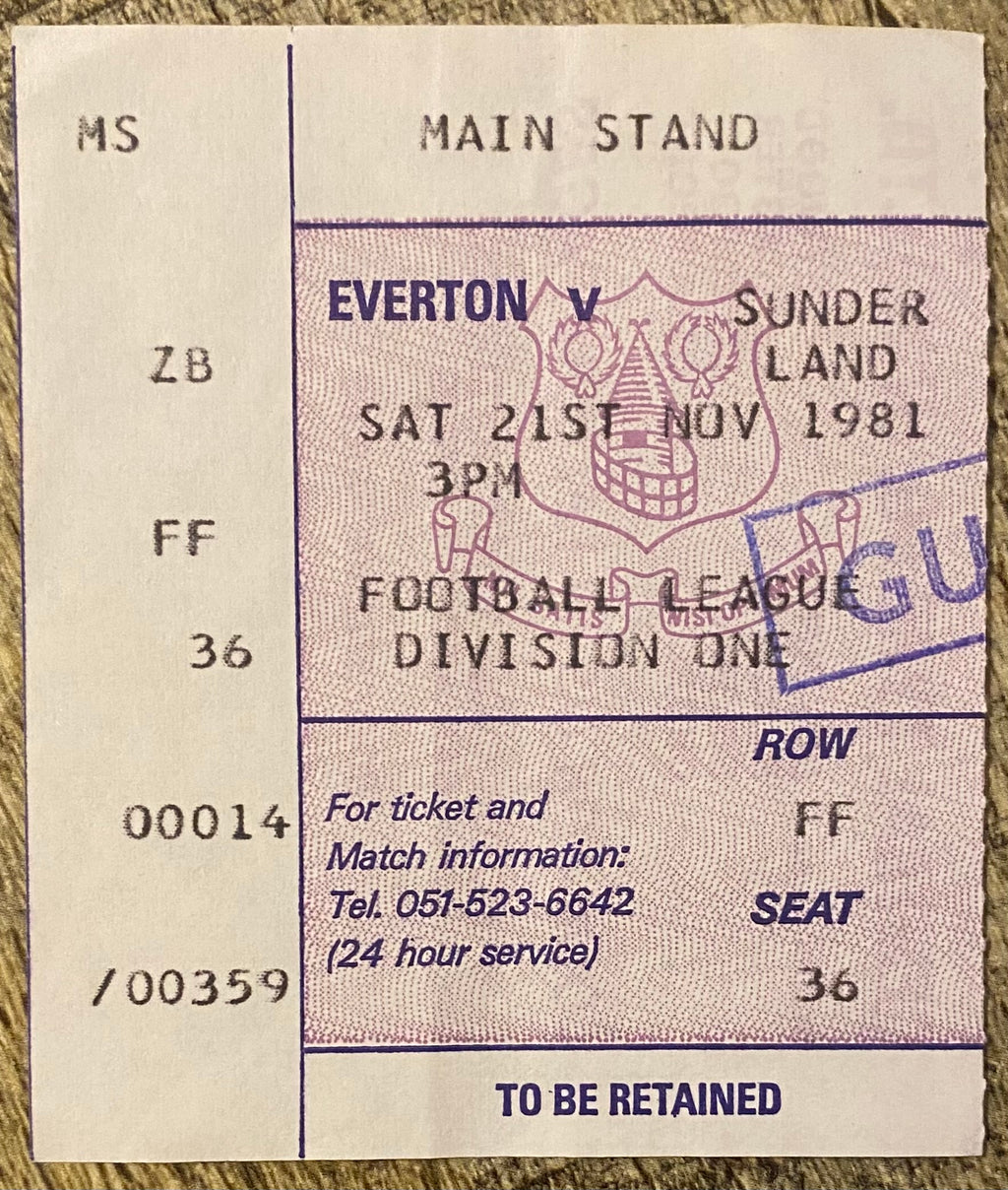 1981/82 ORIGINAL DIVISION ONE TICKET EVERTON V SUNDERLAND