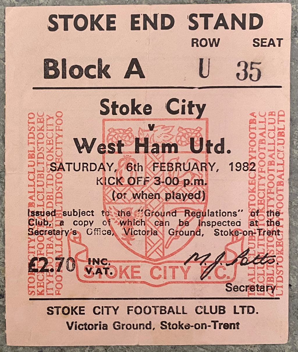 1981/82 ORIGINAL DIVISION 1 TICKET STOKE CITY V WEST HAM UNITED