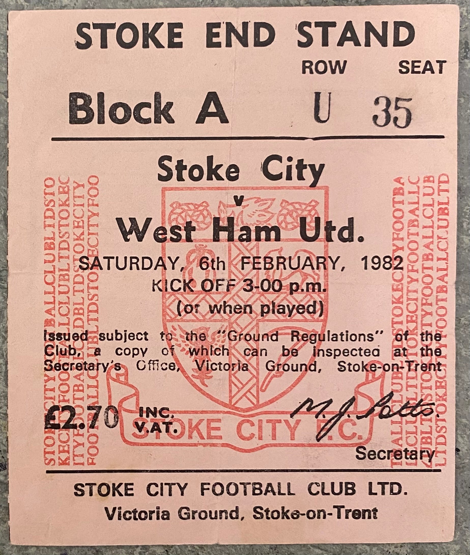 1981/82 ORIGINAL DIVISION 1 TICKET STOKE CITY V WEST HAM UNITED