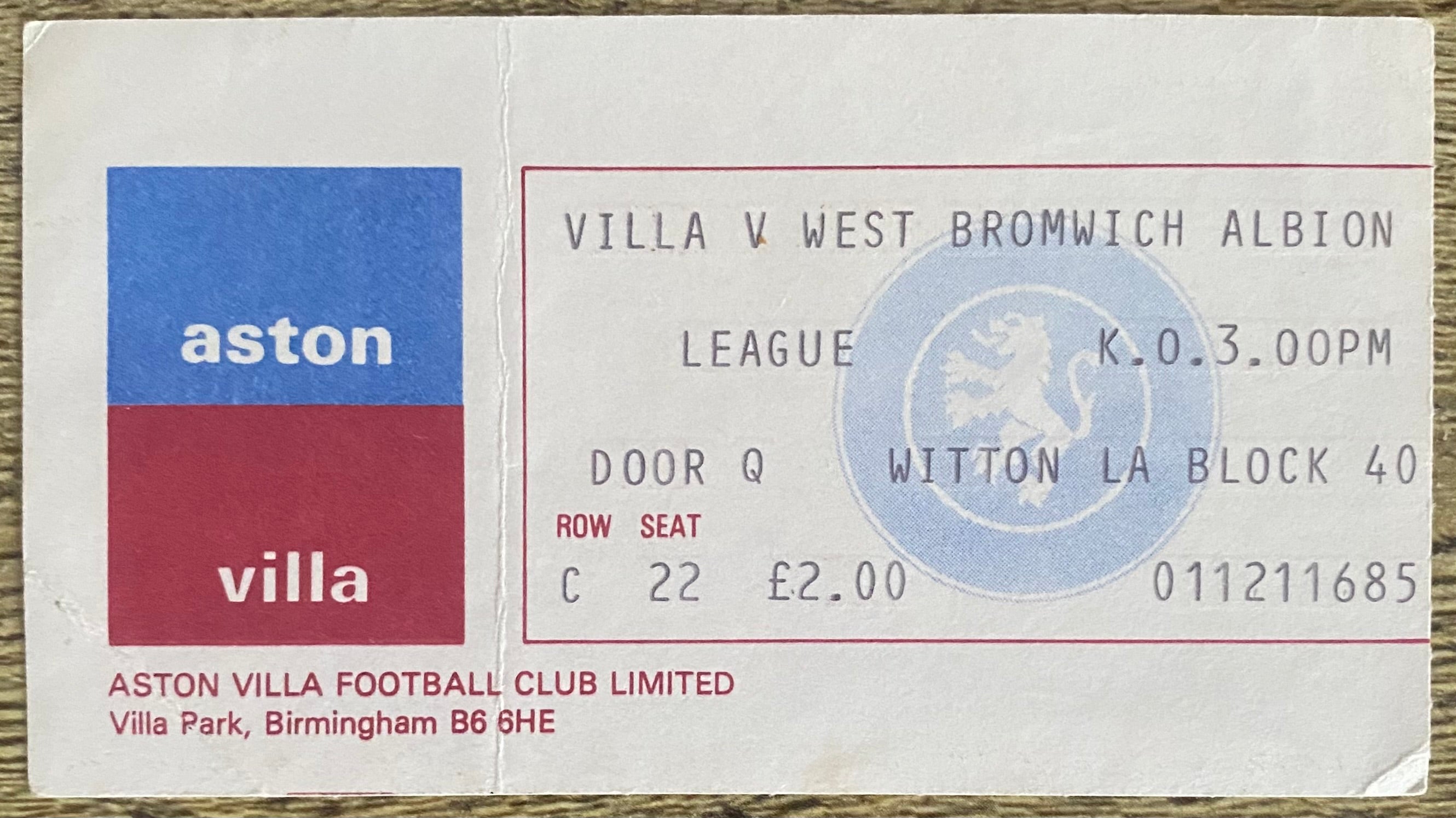 1977/78 ORIGINAL DIVISION 1 TICKET ASTON VILLA V WEST BROMWICH ALBION