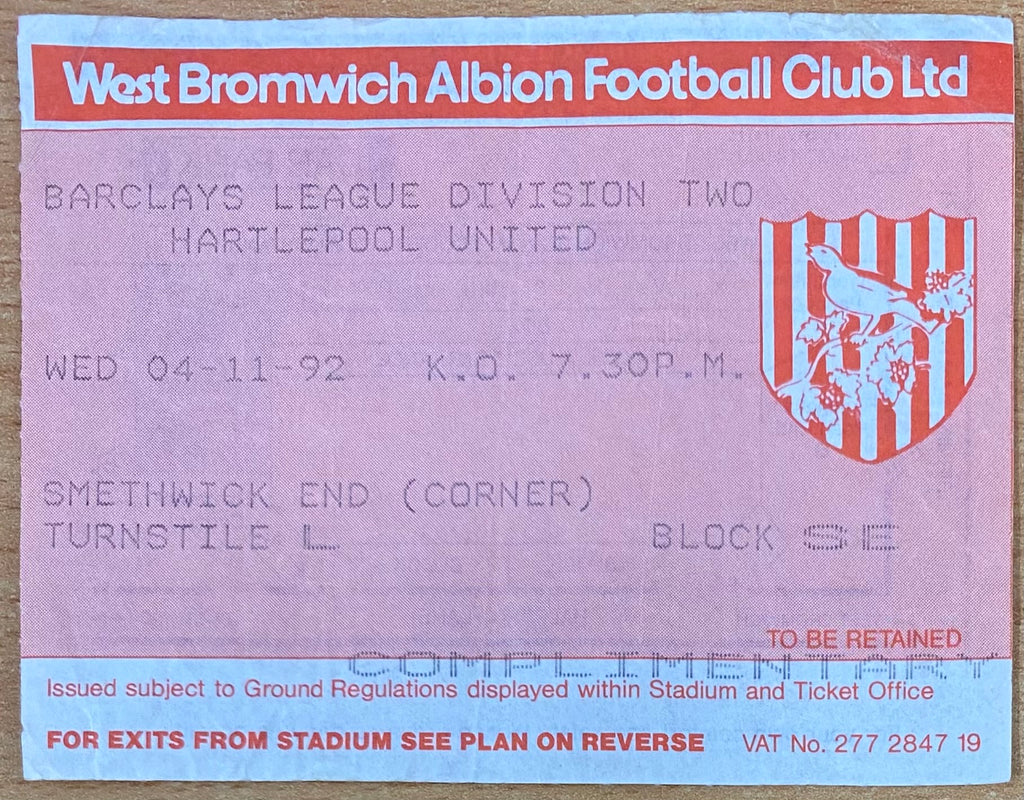 1992/93 ORIGINAL DIVISION 2 TICKET WEST BROMWICH ALBION V HARTLEPOOL UNITED