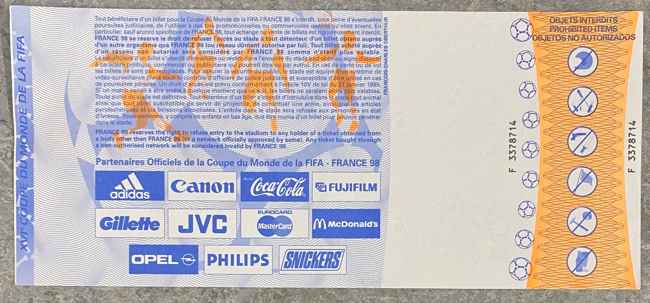 1998 ORIGINAL WORLD CUP 2ND ROUND UNUSED TICKET NETHERLANDS V YUGOSLAVIA @ TOULOUSE