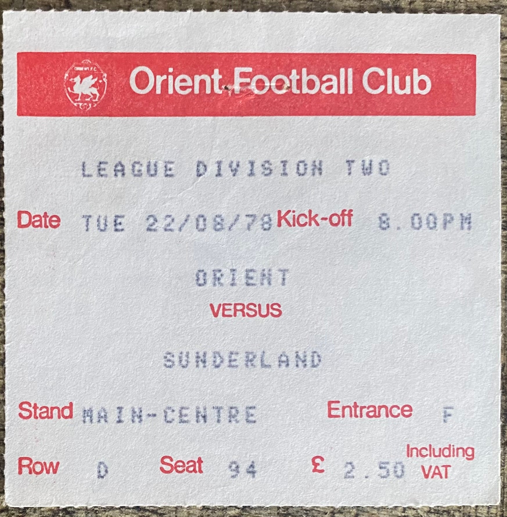 1978/79 ORIGINAL DIVISION 2 TICKET ORIENT V SUNDERLAND