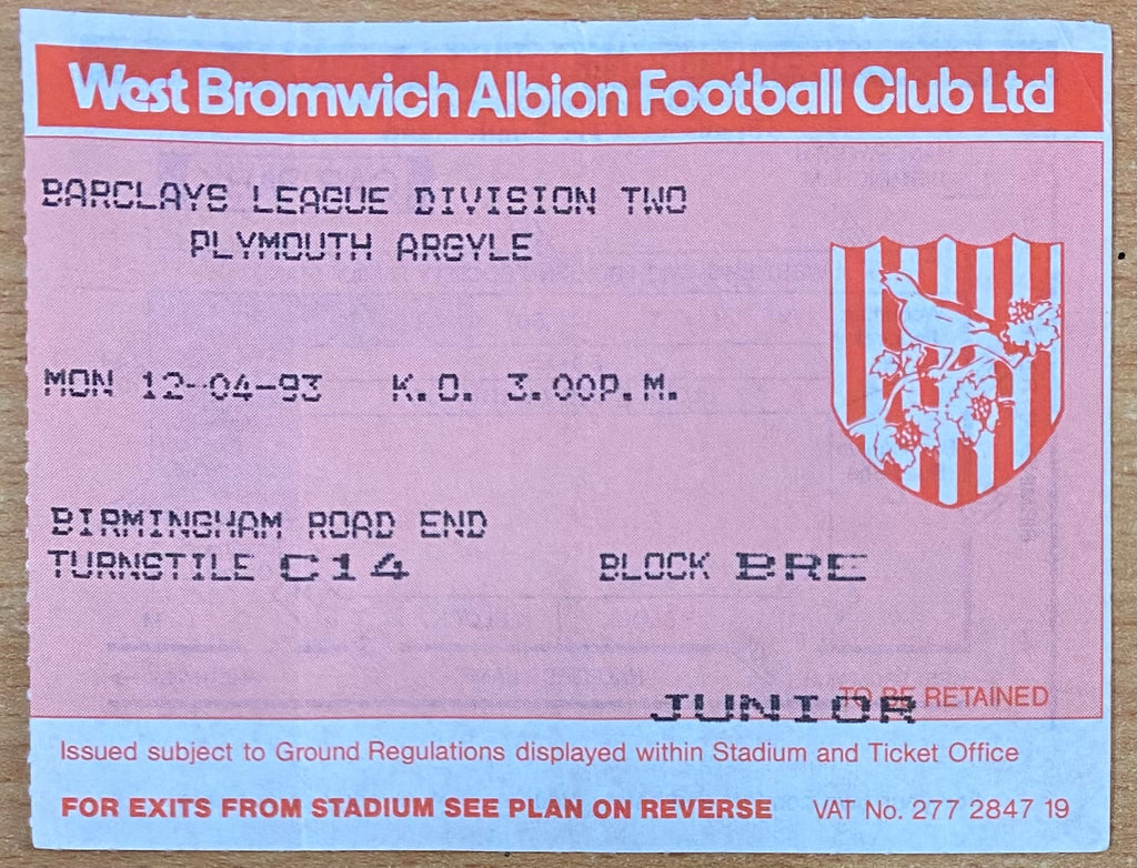 1992/93 ORIGINAL DIVISION 2 TICKET WEST BROMWICH ALBION V PLYMOUTH ARGYLE